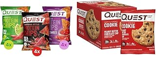 Quest Protein Chips Spicy Variety Pack (12 Count) & Peanut Butter Chocolate Chip Cookies (24.5 Oz, 12 Count) Bundle