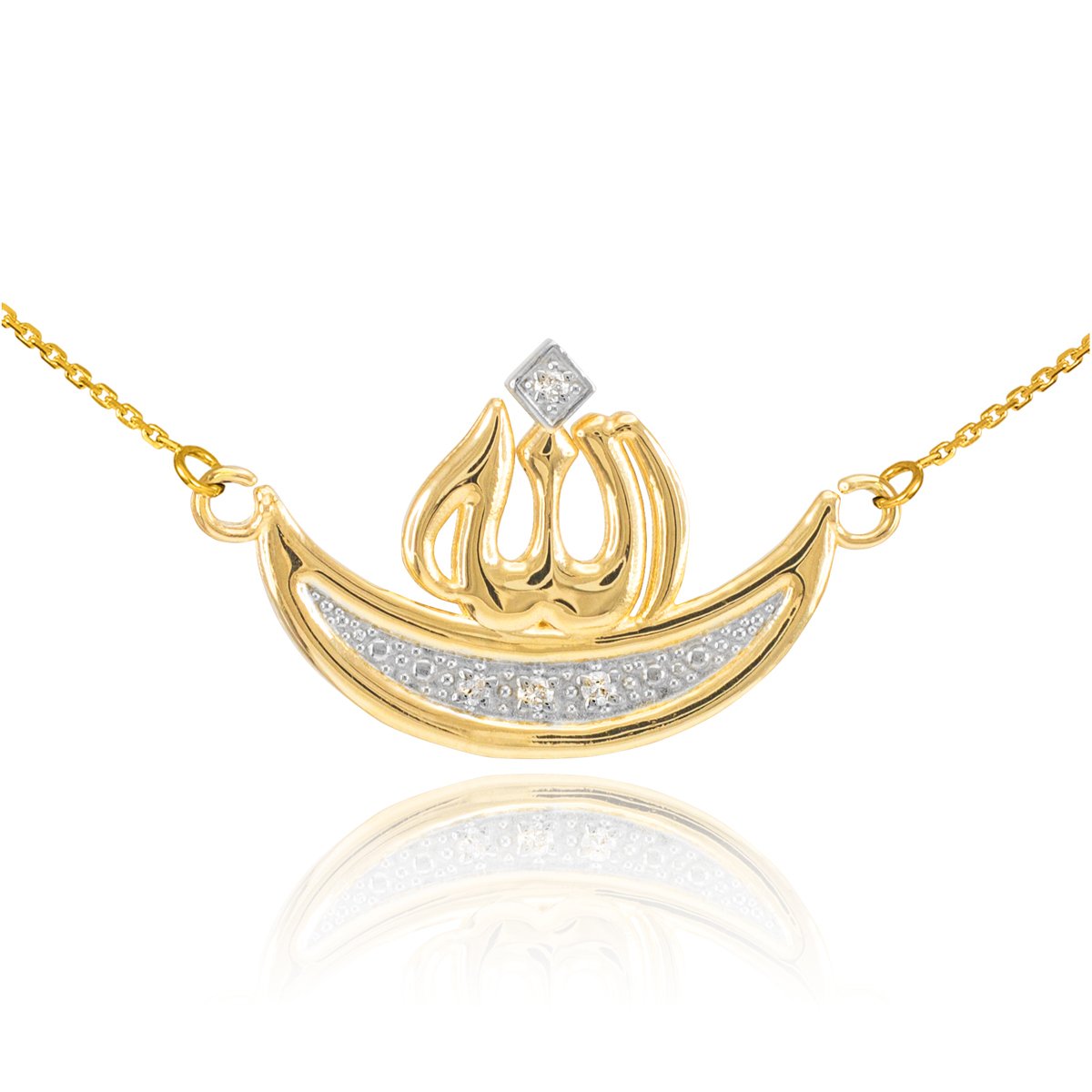 14k Two-Tone Gold Diamond Crescent Moon Islamic Allah Name Necklace