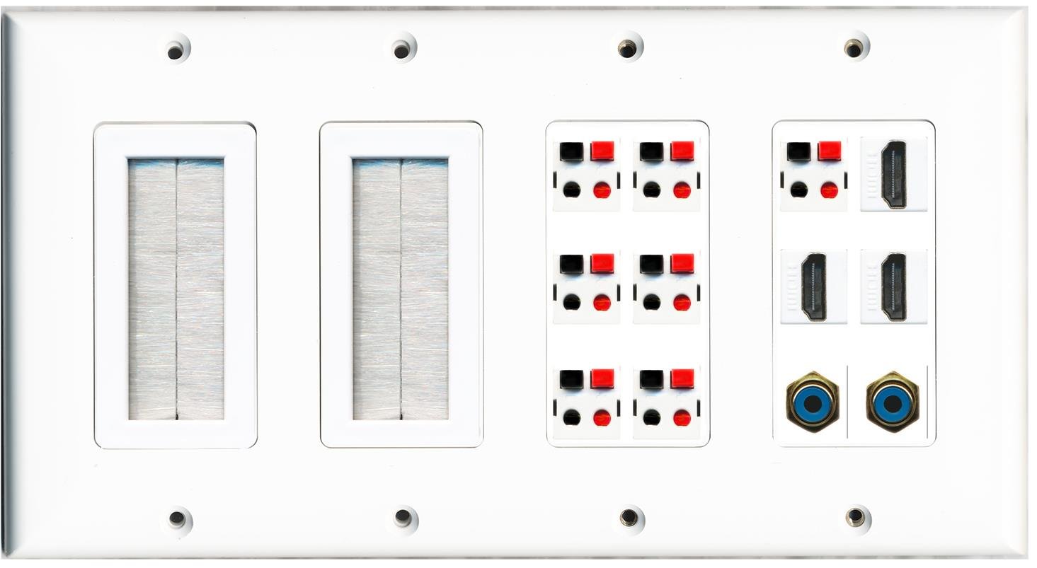 RiteAV (4 gang) 2 szczotki siatkowe 3 HDMI 2 RCA niebieski 7 gniazdo głośnikowe płyta ścienna biała