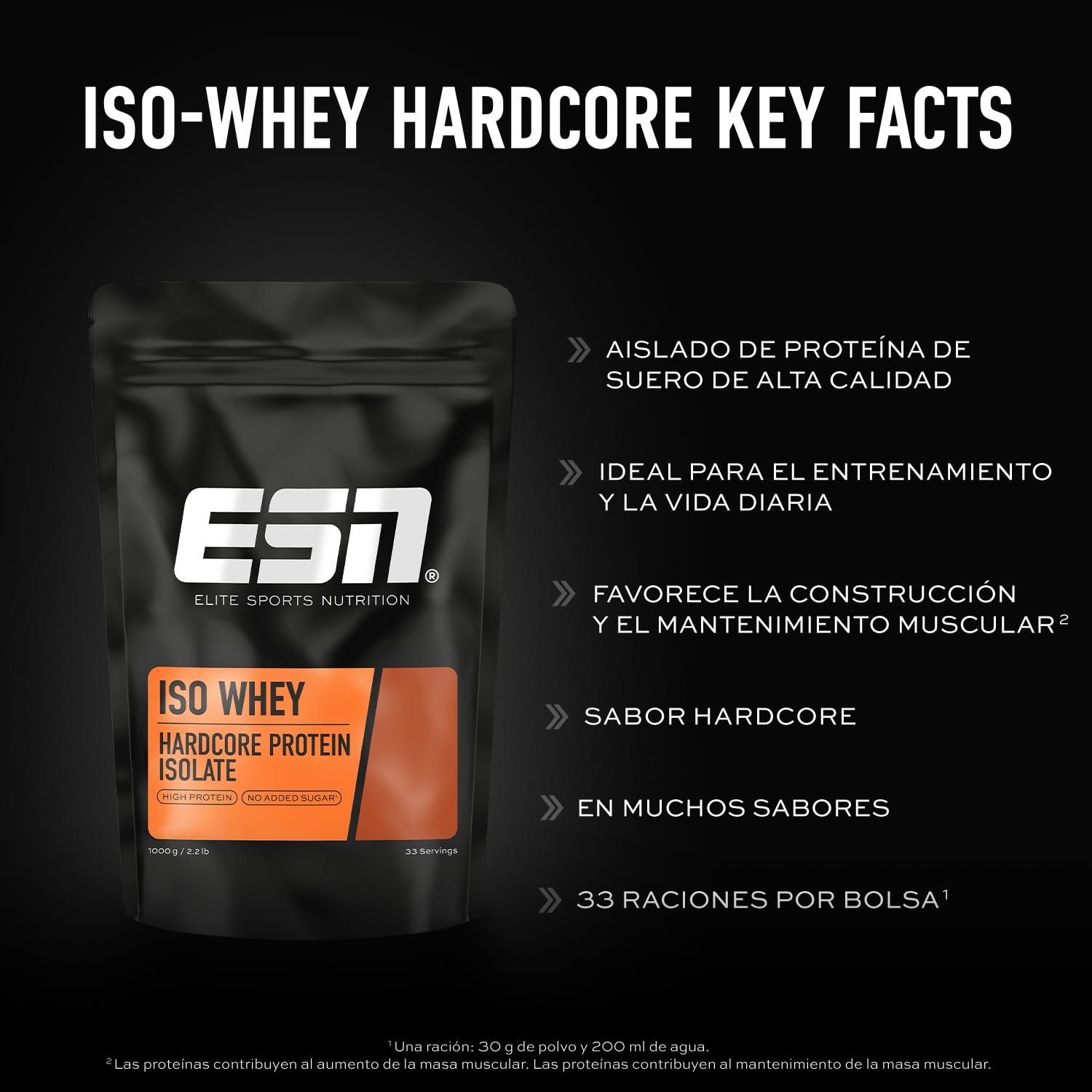 ESN IsoWhey Hardcore Protein Powder, Chocolate, 1 kg | Hasta 26 g de proteína por porción - made in Germany