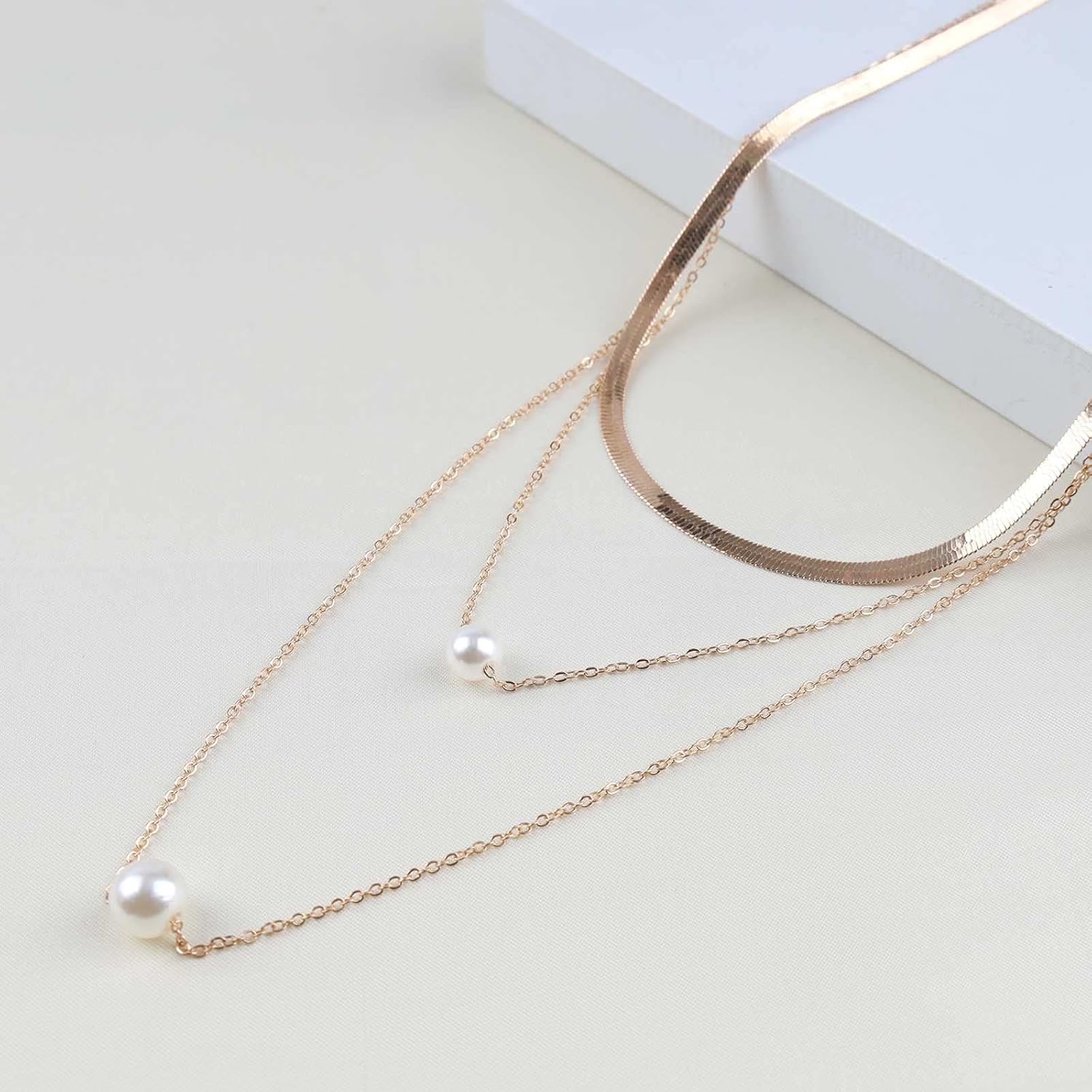 Boho Layered Pearl Necklace Flat Herringbone Chain Necklace Floating Pearl Choker Necklace Gold Snake Bone Necklace Chain Jewelry for Women - Image 4