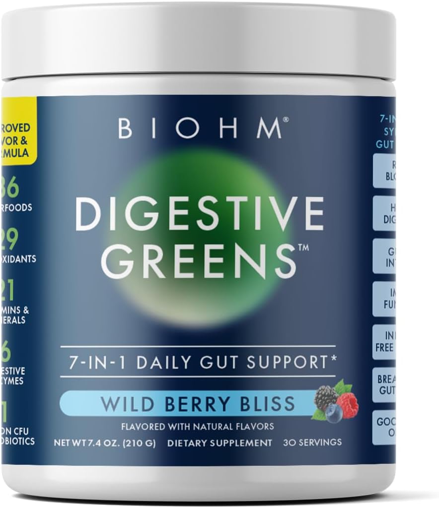 Digestive Greens, Green Superfood Powder (7.4 Oz, 30 Servings) Immune & Gut Health Support with Antioxidants, Vitamins, Probiotics & Enzymes, Good Source of Fiber, Berry Flavor