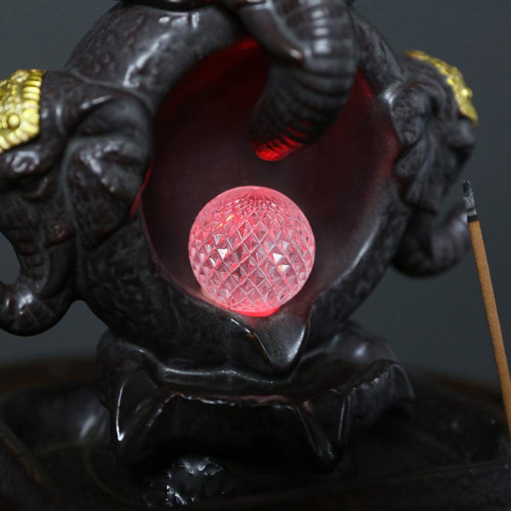 New Lucky Feng Shui Elefant Gott Statue Home Decoration Handwerk Keramik Wasserfall Weihrauchbrenner mit LED Farbwechsel Ball, XL2022 und 20 Weihrauch