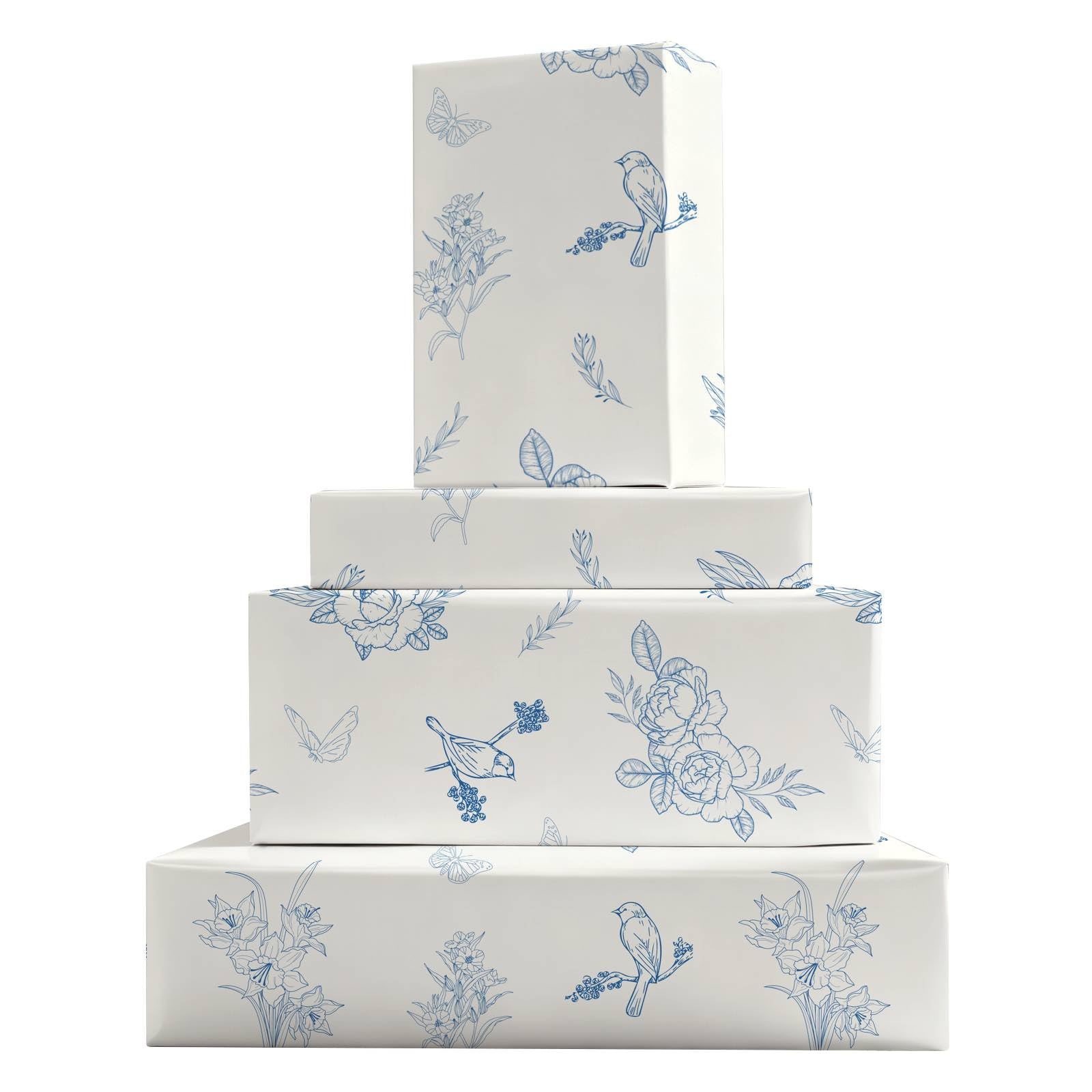 GleeWrap Blue Floral Bird Wrapping Paper, 4 Sheets Flower Birds Gift Wrap for Birthday Wedding Bridal Shower Anniversary Party Gift Packing, 50 x 70 cm