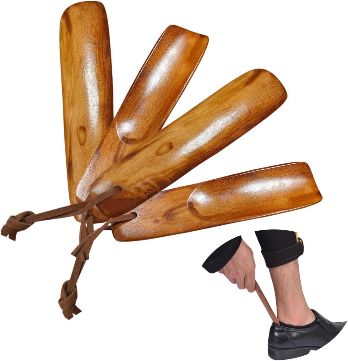 4PCS Wood Shoe Horn Short Handle 6" Travel with Leather Strap Shoe Horn Shoes Aid Tool for Men, Women, Kids, Seniors