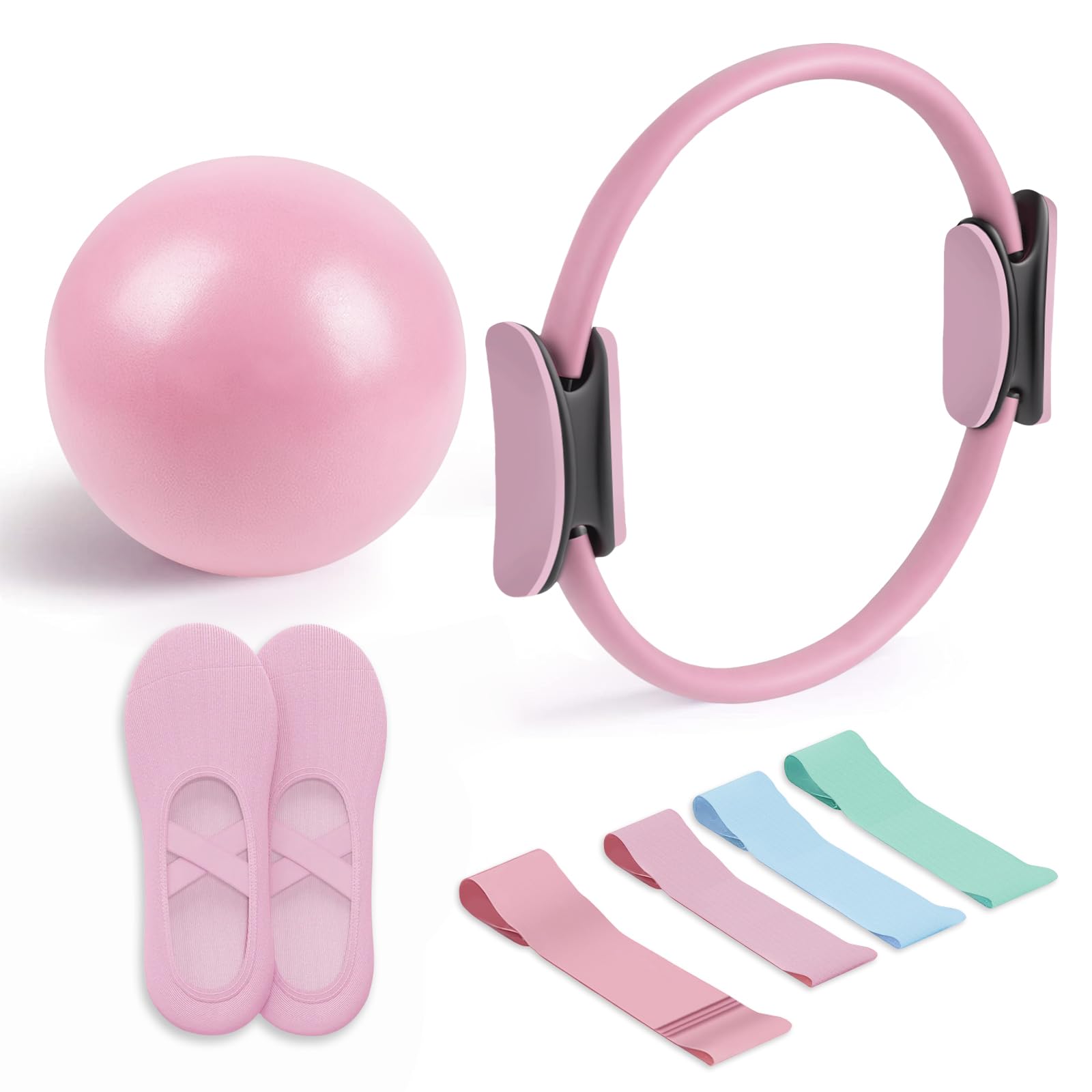Kit Pilates Essentiel - Accessoires de Fitness Portables - avec Anneau Pilates Tonifiant, Bandes de Résistance Longues, Bandes Pilates Loop, Ballon Pilates Souple et Chaussettes Pilates Grip