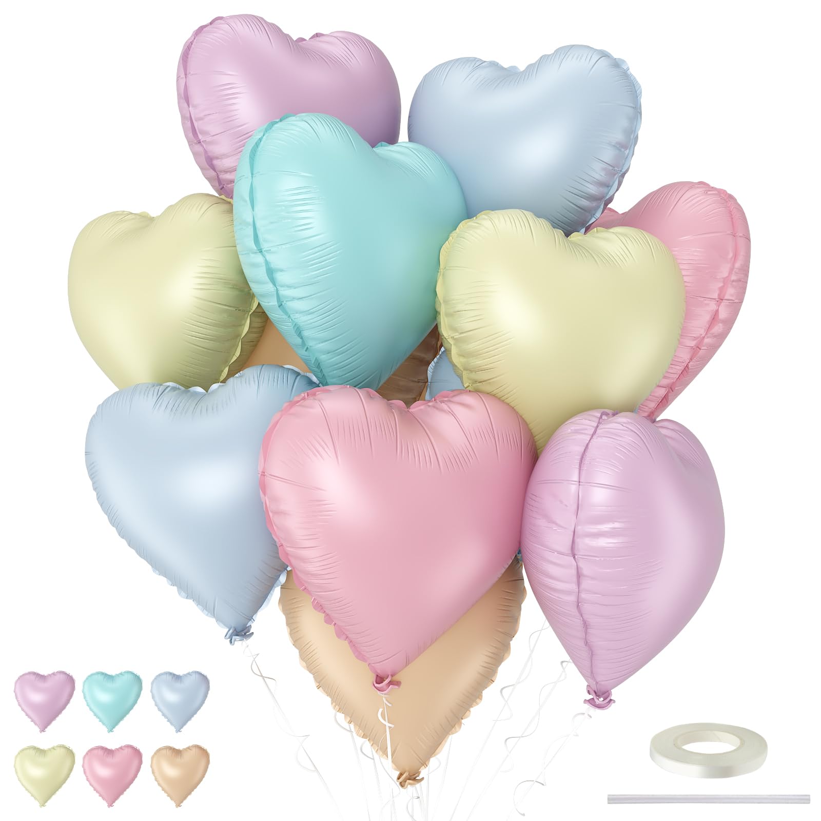 Pastel Heart Balloons, 12 Pcs Rainbow Macaron Pink Blue Green Purple Yellow Apricot Heart Shape Foil Balloon, 18 Inch Pastel Colorful Helium Balloon for Baby Shower Birthday Easter Bridal Shower Party โ image 1