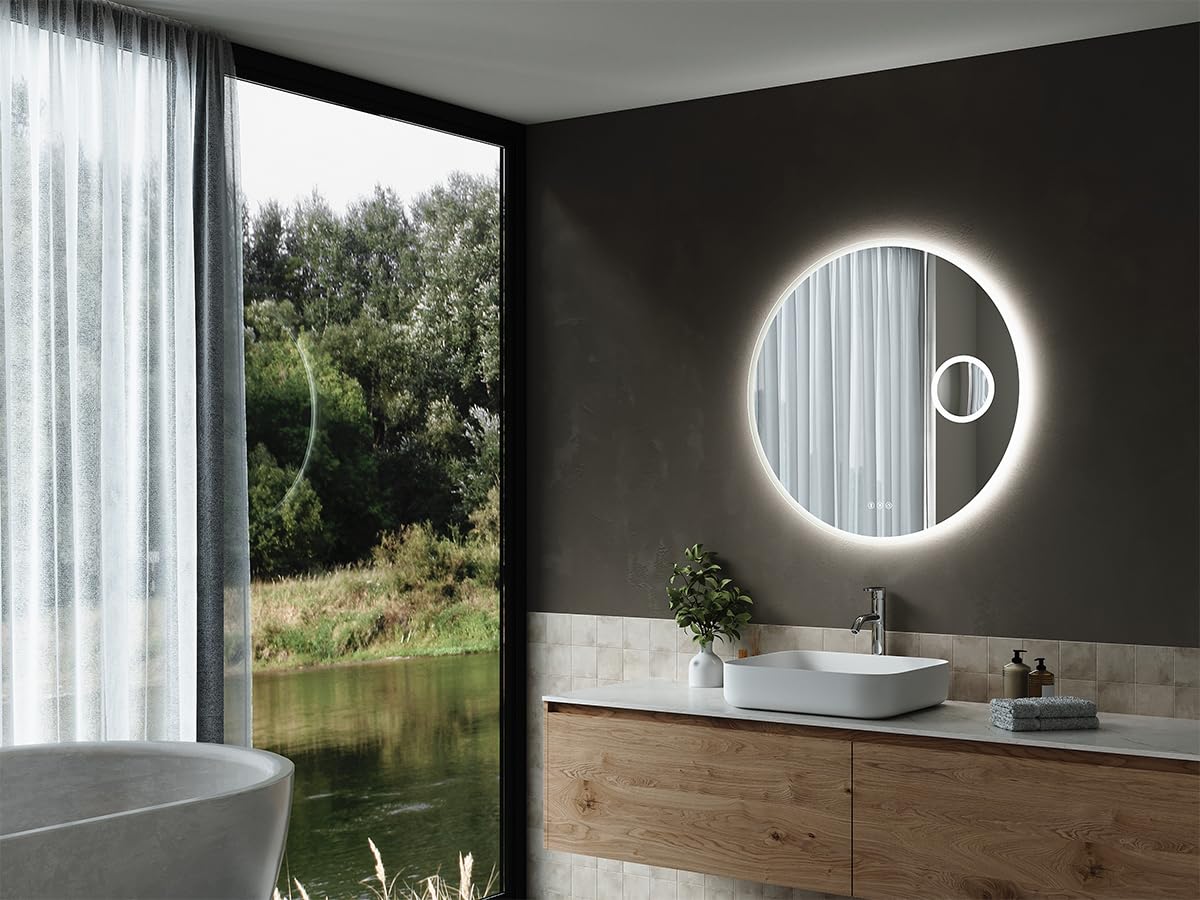 SIRHONA Specchio da bagno con illuminazione 80 cm, Bluetooth, dimmerabile, 3 colori leggeri, anti-appannamento, memoria, IP44, 3 x lente d'ingrandimento, specchio LED bagno, sensore tattile