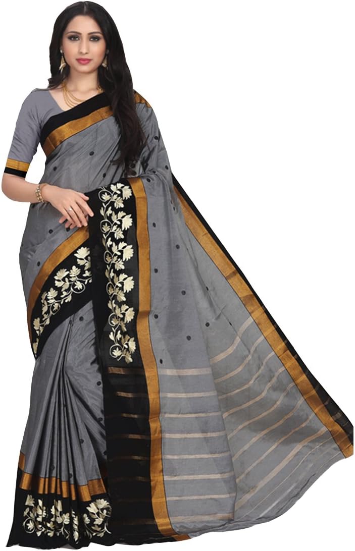 Craftsvilla Women's Cotton Thread Work Designer Grey Saree with Blouse Piece