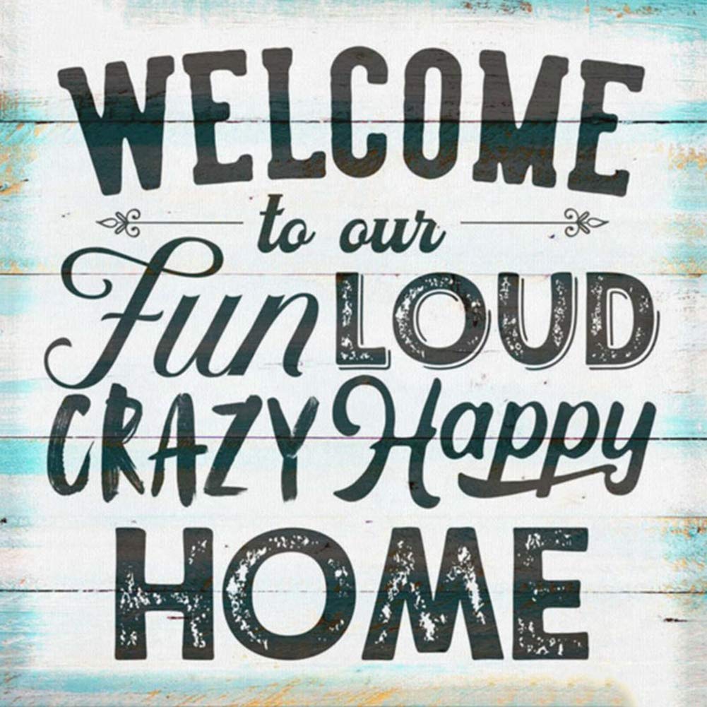 Own4b Green Diy 5D Diamond Painting By Numbers Kits, Colorful Word, Welcom To Our Fun Loud Crazy Happy Home, Full Drill Rhinestones Paint With Diamonds Crystal Diamond Art (Word)