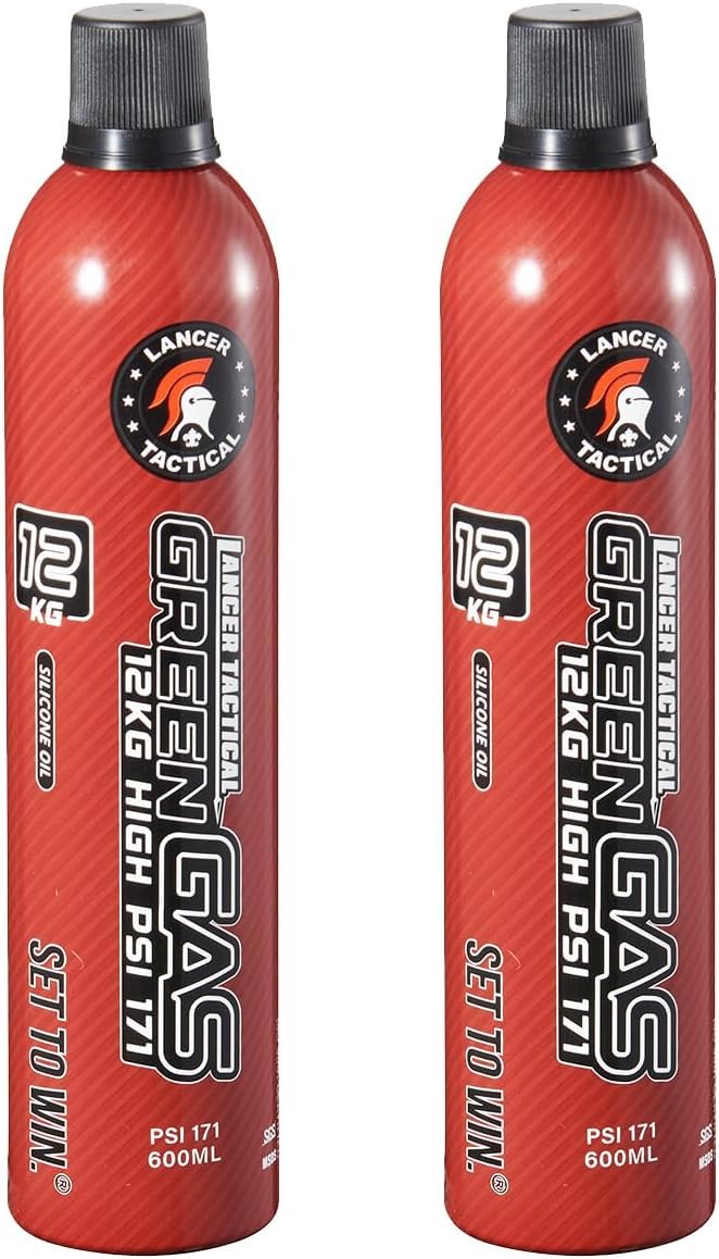 600ml/20oz 12kg Powerful Green Gas High PSI G-1100 for Airsoft Pistol, Airsoft Rifle, Air Gun (Silicone Oil/Oil Free) -Pack of 2