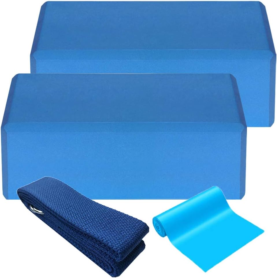 2 pcs Yoga Block 1pcs Cotton Yoga Strap 1pcs Flat Resistance Band, EVA Foam Soft Non-Slip Surface Stability Blocks Yoga Strap Set for Yoga Pilates Meditation Exercise Fitness Sport
