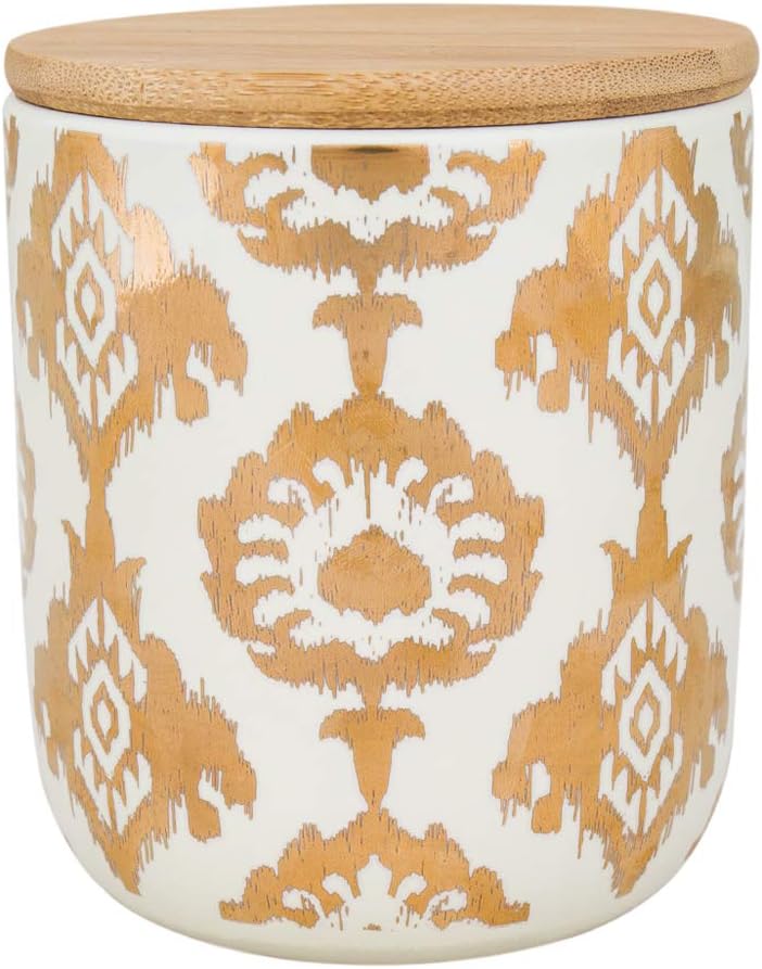 Chumbak Modern Ikat Ceramic Storage Jar - Gold & White Kitchen jar, Bamboo lid, Pantry storage, Dining & Tableware, Food storage canister for spices coffee tea cookies, Dia & hei -4.1"& 4.6"