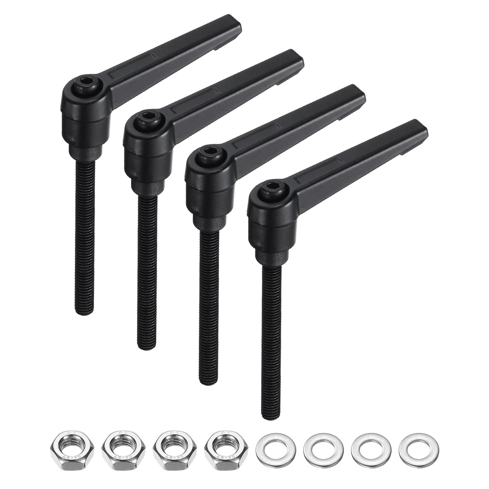 uxcell 4pcs Lever Adjustable Handles M6 x 50mm Metric Male Thread with Nuts Washers, Level Clamping Handle Set Hand Stud Knobs Rotating Screw Handles Bolts with Locking Lever, Black