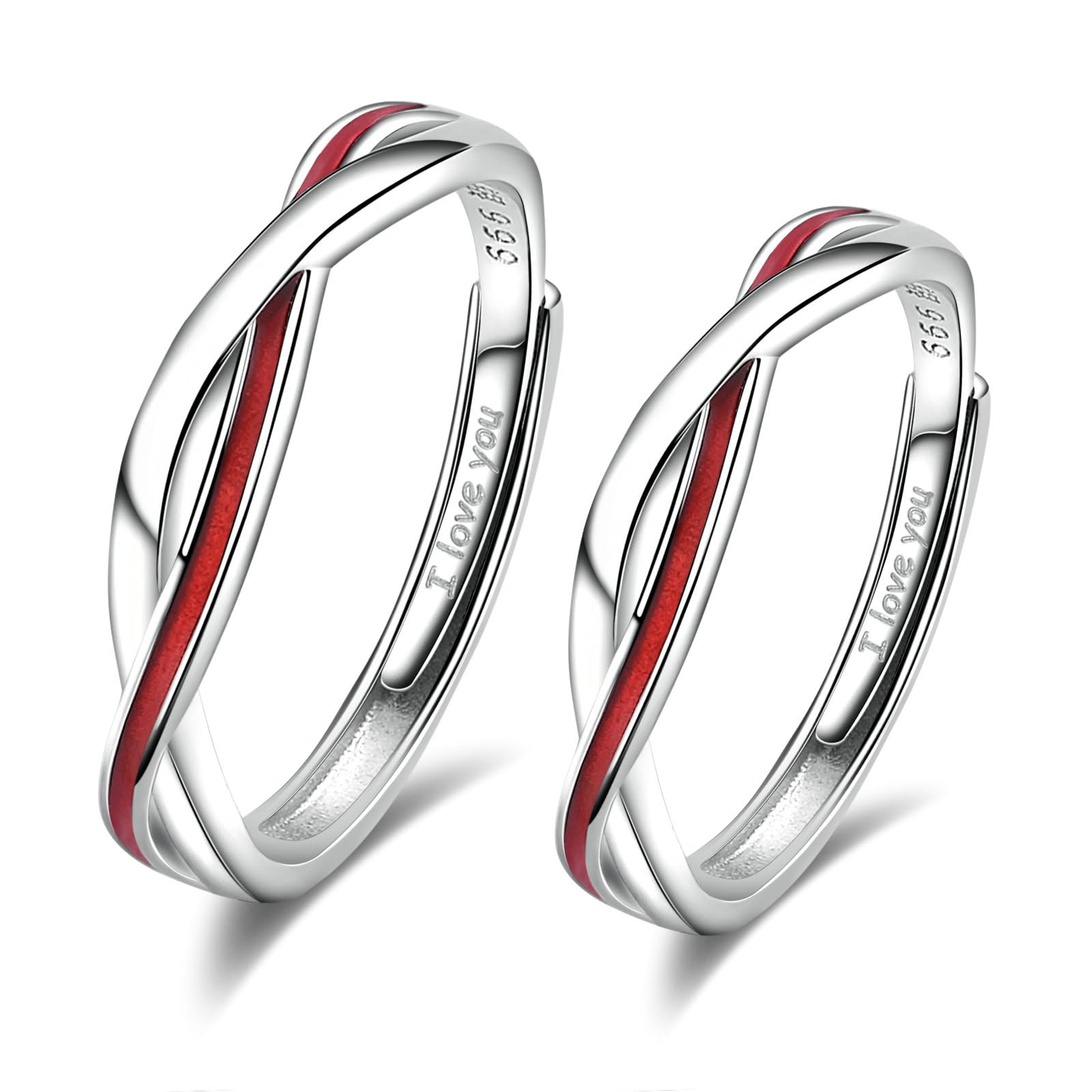 Anello di Coppia Filo Rosso, Anelli Argento Sterling con Linea Rossa Anello di Fidanzamento Donna Incisione Anello Argento Matrimonio Regolabile per Uomo e Donna