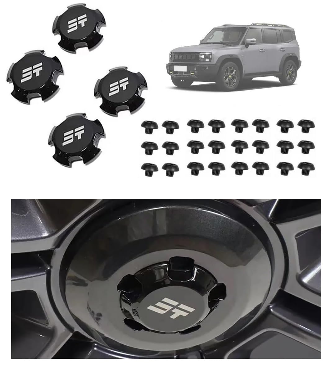 4 Wheel Caps Cover Set of 4 glossy black + 24 Black screws decorative, Suitable for Jetour T2 2023 2024