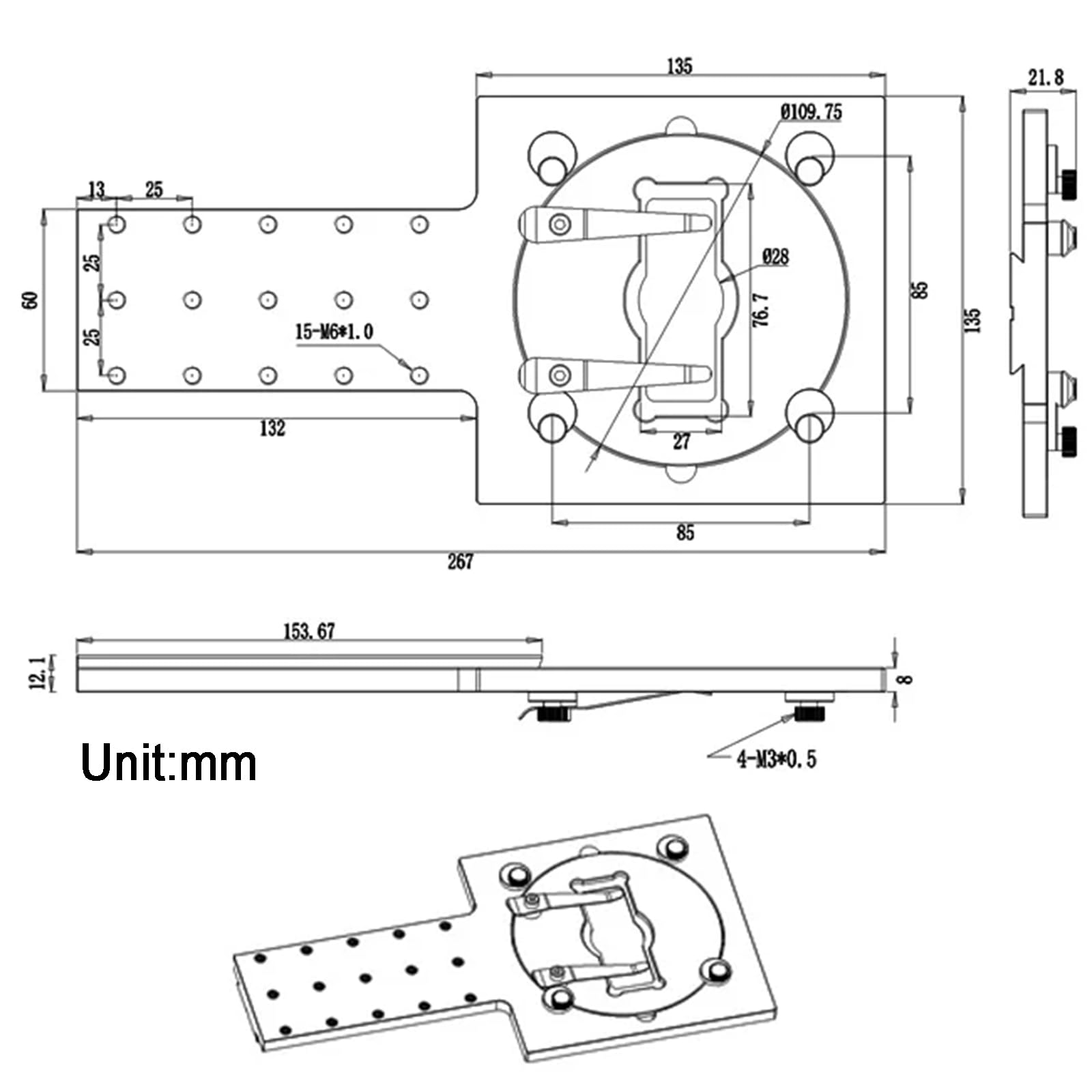 Stół przesuwny do mikroskopów, aluminiowa stopnia zacisku próbki, z otworem 110 mm i skokiem szyny 114 mm, do badania mikroskopii odwróconej/pionowej