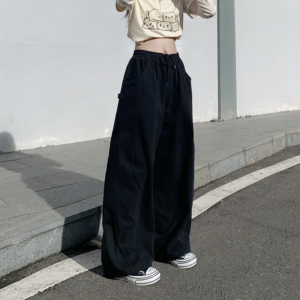 Pantalones de paracaídas para mujer, pantalones tipo cargo, holgados, Harajuku Y2K, cintura baja, pierna ancha, holgados, góticos, de hadas, Negro -, X-Large