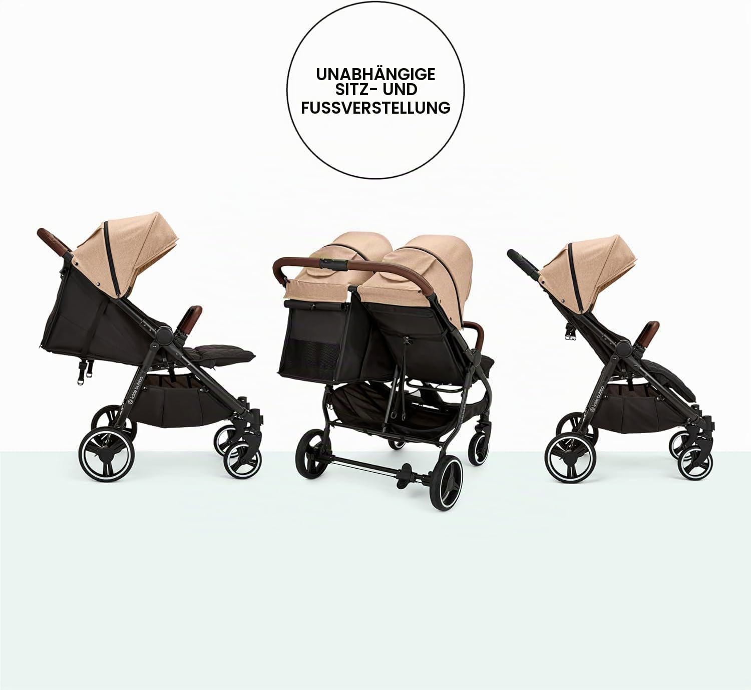 Ickle Bubba Venus Doppelkinderwagen - geeignet von Geburt bis 15 kg (ca. 3 Jahre), leichter, faltbarer Zwillingskinderwagen mit Regenschutz (Biscuit)