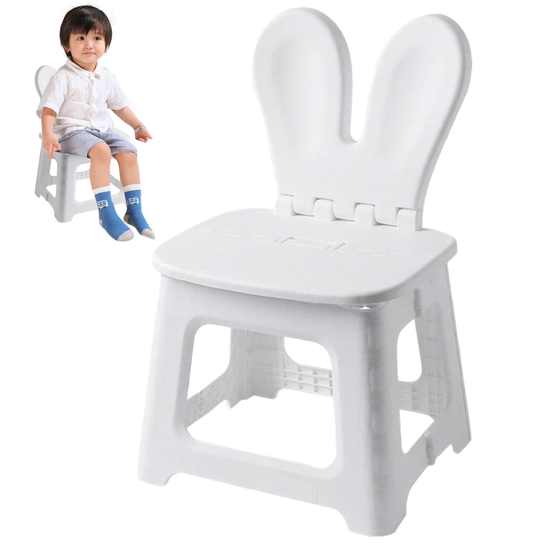 DAGLLGEW Kids Folding Chair Plastic Foldable Step Stool with Rabbit Ear Back Support, Heavy Duty Toddler Chair with Built-In Handle Portable for Living Room Kitchen, Bathroom, Kids Folding Chair