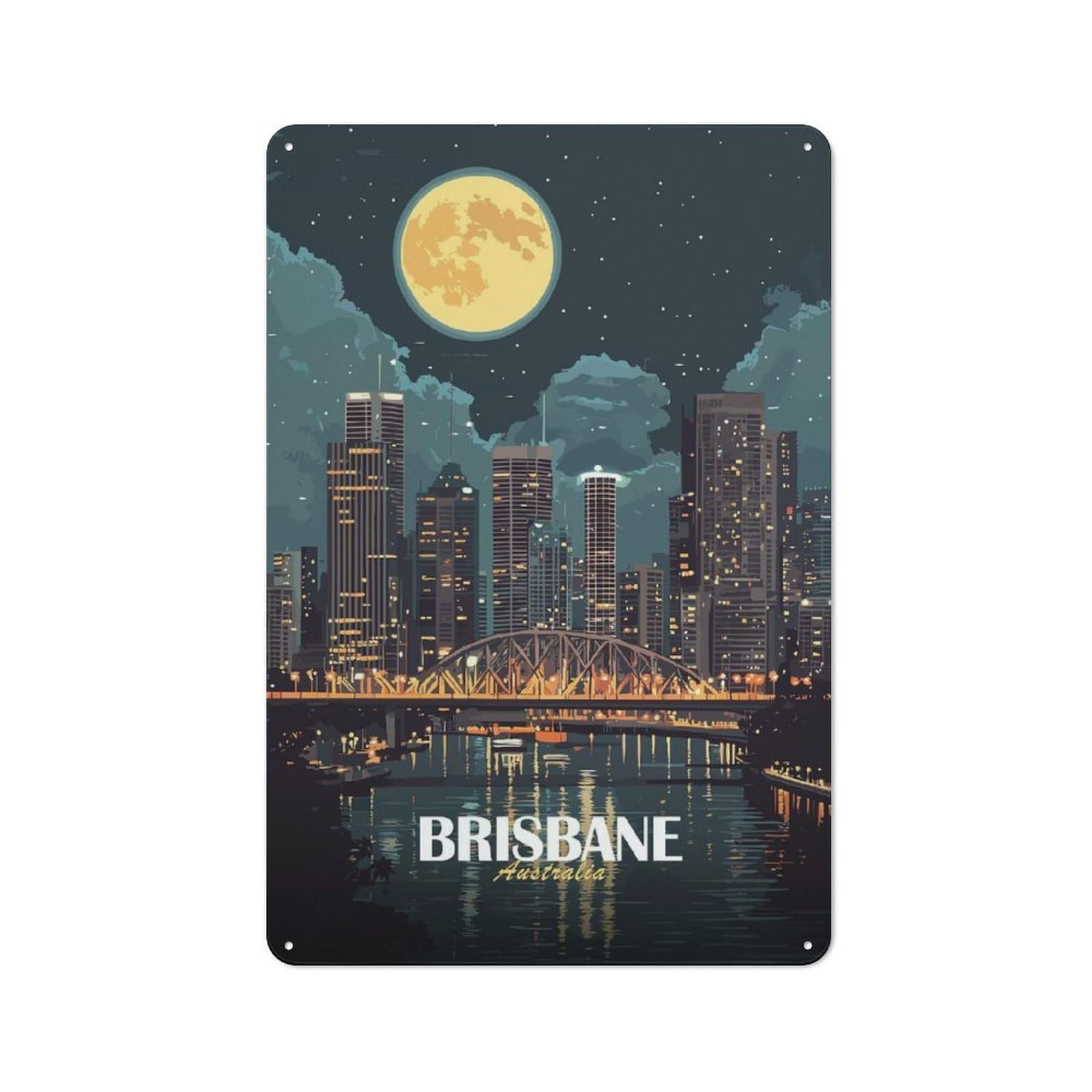 Junmoney Style-23 Retro-Style Metal Sign 30X20cm Featuring Brisbane Australia Cityscape At Night For Garage Wall, For Vintage Wall Decor Fans, For Metal Sign Collectors