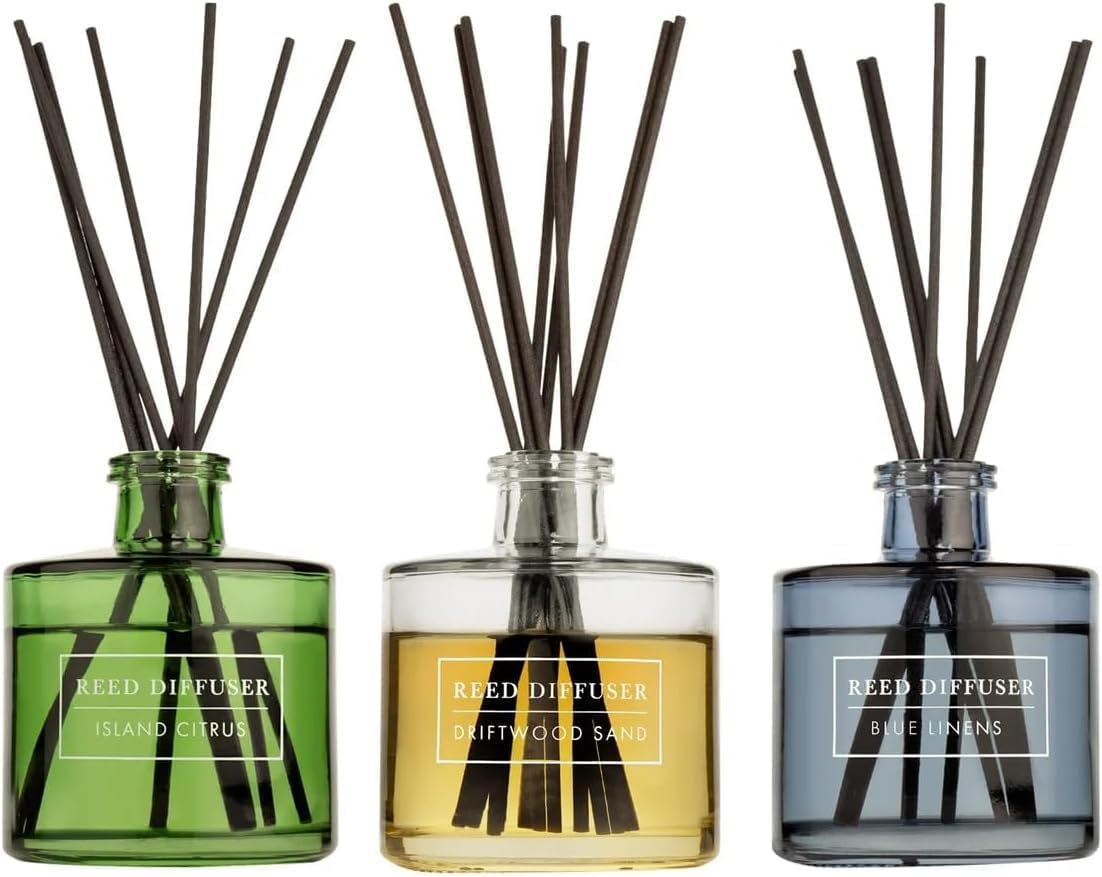 Bellevue Reed Diffuser Set, Three 6 fl oz Glass Filled Diffuser, Highly Concentrated Fragrances with Essential Oils, Home Fragrance (Island Citrus, Driftwood Sand, Blue Linens)