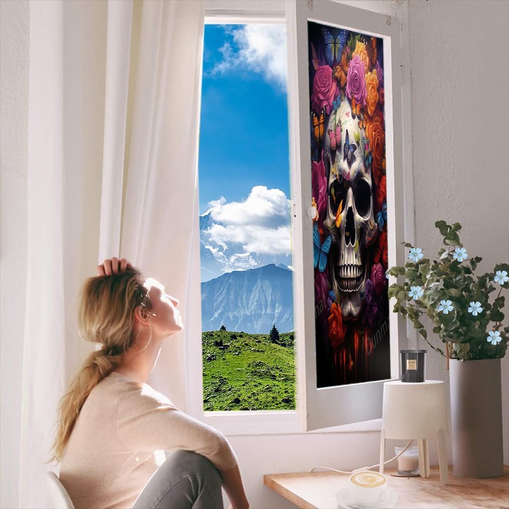 Beautiful Flower Skull Window Privacy Film Gothic Skeleton Vintage Flower Butterfly Stained Glass Window Film Decor Frosted Windows Sticker for Home Window&Glass Door, Sun Blocking 27.6Wx39.4L inch