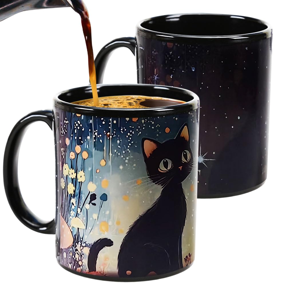 Adorable Cartoon Black Cat Magic Color-Changing Mug - Cute Ceramic Coffee Cup with Fun Balloon & Mushroom Design for Cat Lovers!