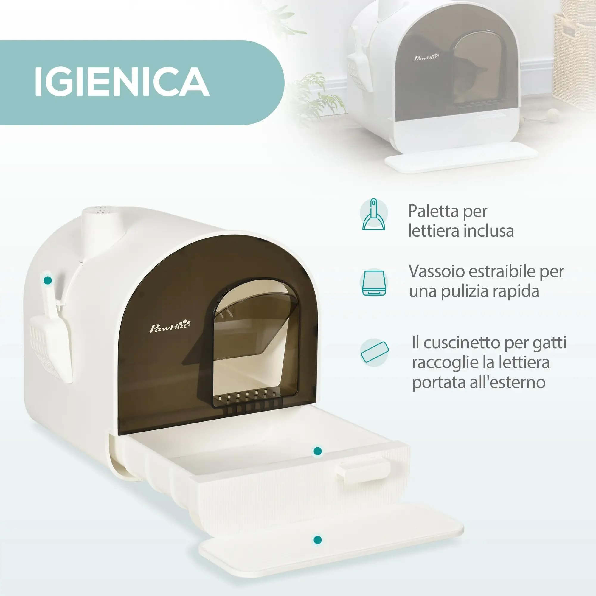 Arenero para gato cerrado con filtro antiolor, bandeja extraíble y pala incluida, diseño acogedor para gatos adultos, solución higiénica que ahorra espacio, color blanco, dimensiones 43 x 44 x 47 cm