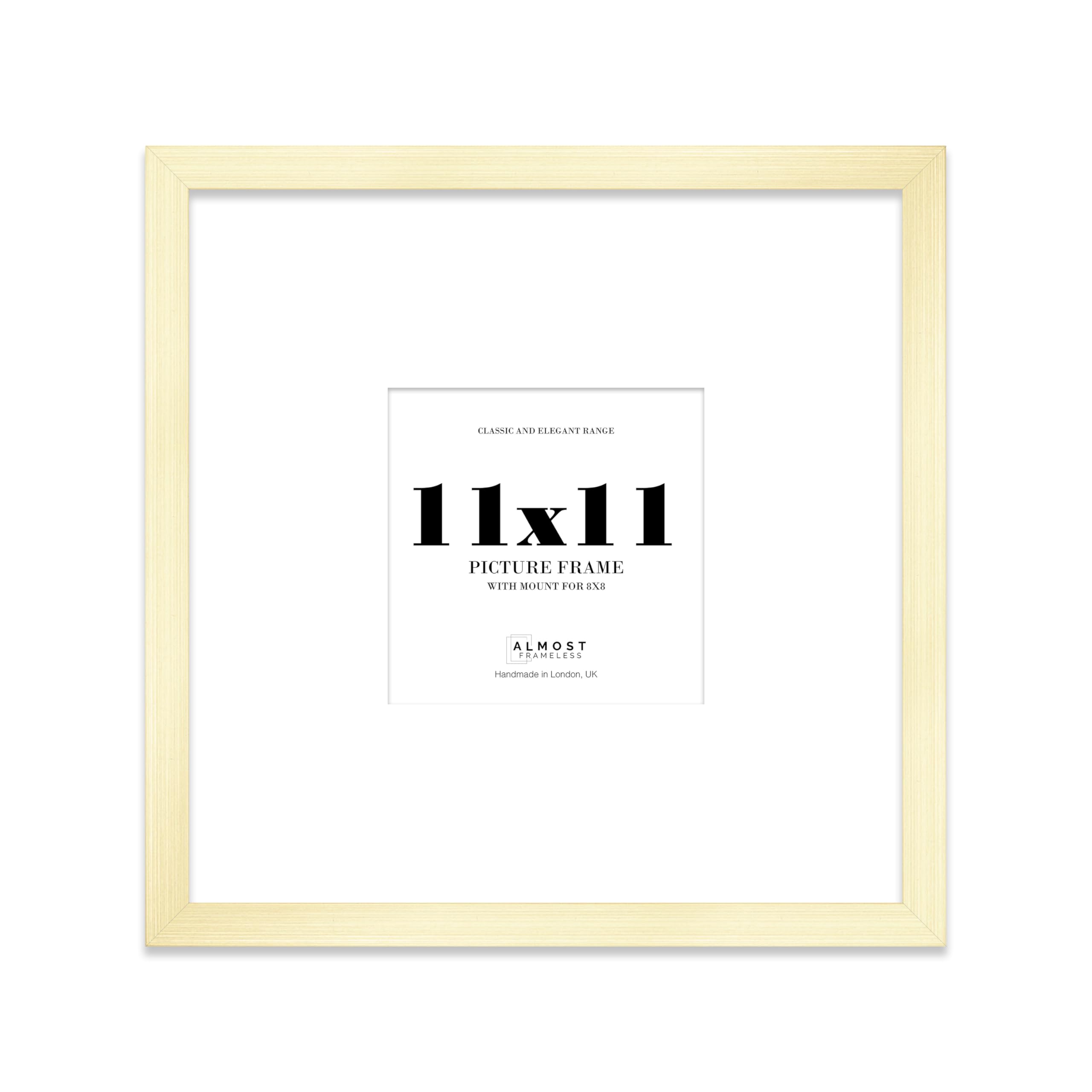 Almost Frameless 11x11 Square Picture Frame, Display Pictures 8x8 With Mat or 11x11 Without Mat, Wall Hanging & Free Standing Photo Frame, Gold, 1 Pack