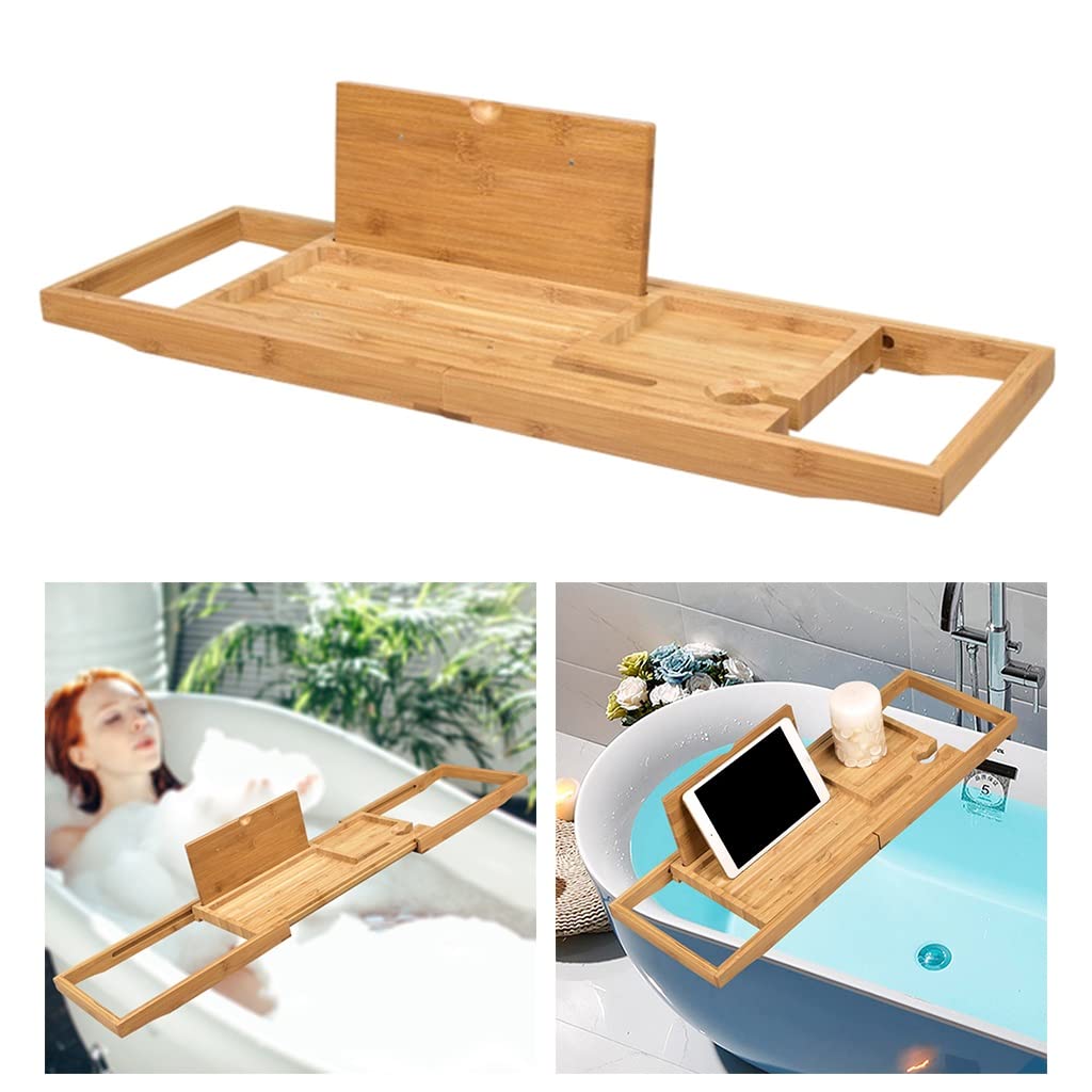 Bandeja extensible de madera para bañera con soporte para libros, accesorios de baño ideales para el hogar, hotel, spa, perfecto para relajación y disfrute