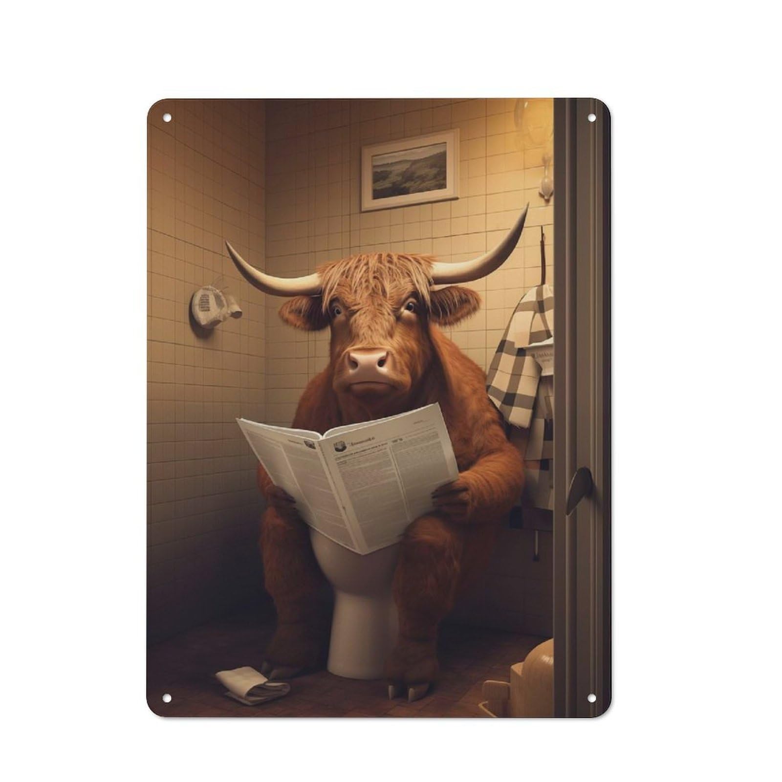 Retro Highland Cow on The Toilet Vintage Tin Sign 40x30cm, Retro Room Decor for Lounge, Study, Pub Or Wall Gallery