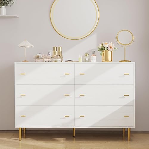 Miniatura 5 de Farmhouse 6 Drawers Dresser for Bedroom, 47.2 in Wide White Dresser Wood Rustic Chest of Drawers with Large Drawers & Bar Handles,Natural