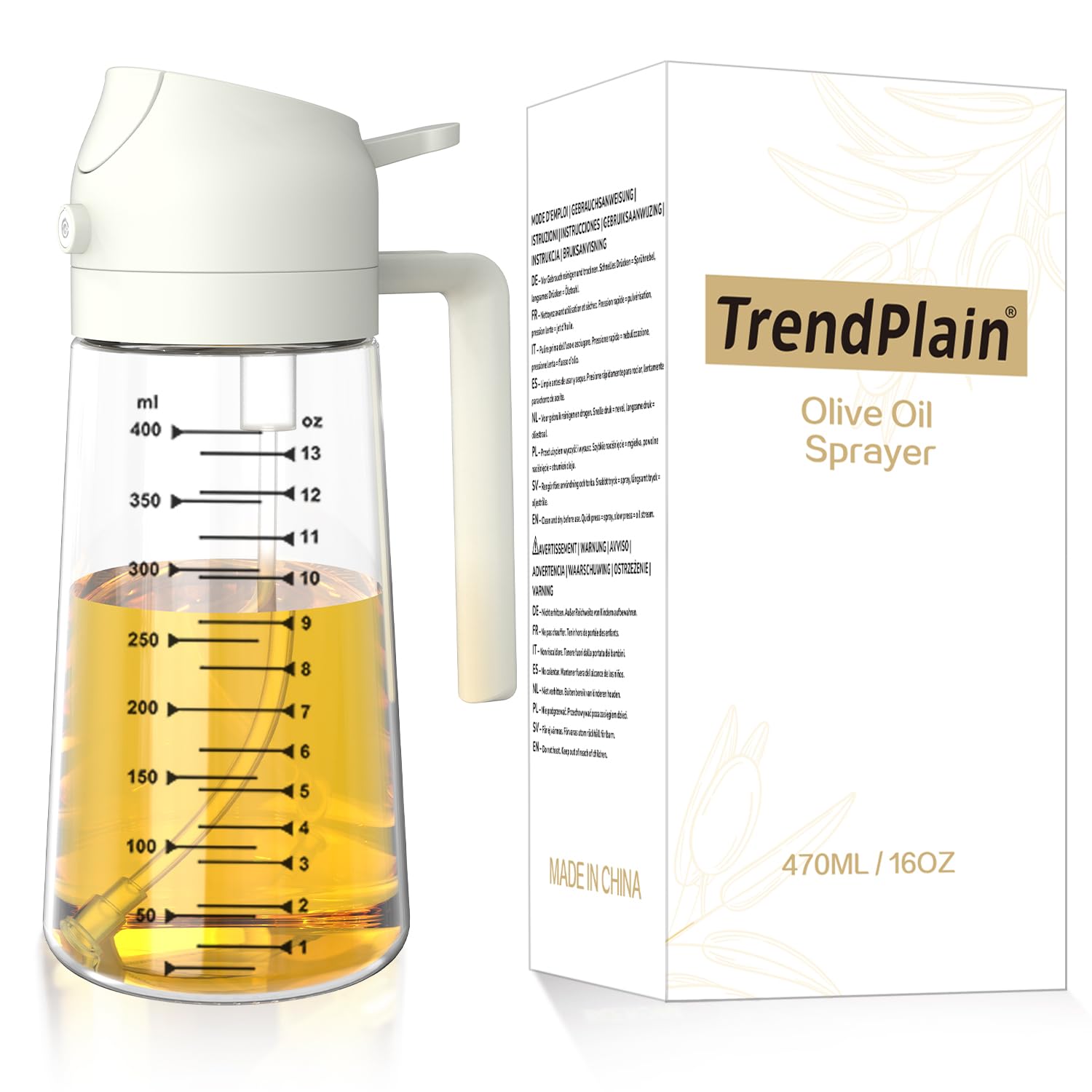 TrendPlain 470ml Olive Oil Spray Bottle for Kitchen Gadgets - 2 in 1 Olive Oil Dispenser Bottle and Air Fryer Accessories for Cooking, Salad and BBQ - White