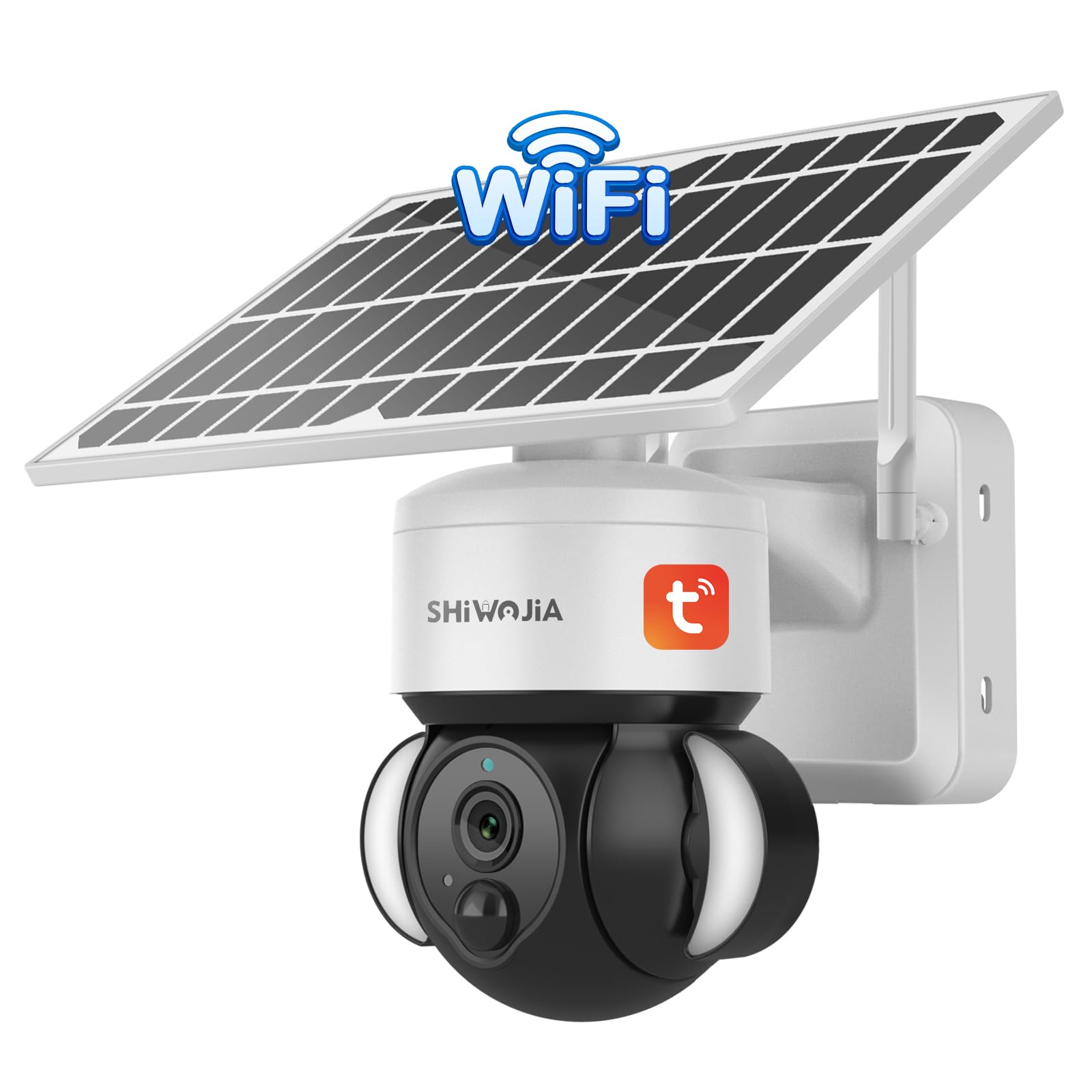 SHIWOJIA Cámara Wi-Fi externa con panel solar, 2 K PTZ 360 ° Videocámara de vigilancia con baterías recargables, PIR detección de movimiento, audio de 2 vías, TUYA and Smart Life Camera