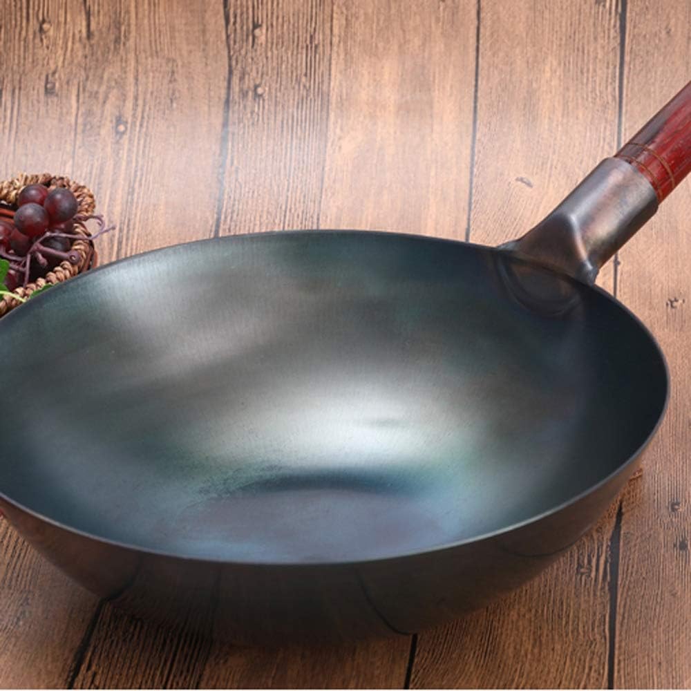 Cookware Traditional Iron Wok Handmade Hammering Large Wok&Wooden Handle Non-Stick Wok Wrought Iron Kitchen Cookware