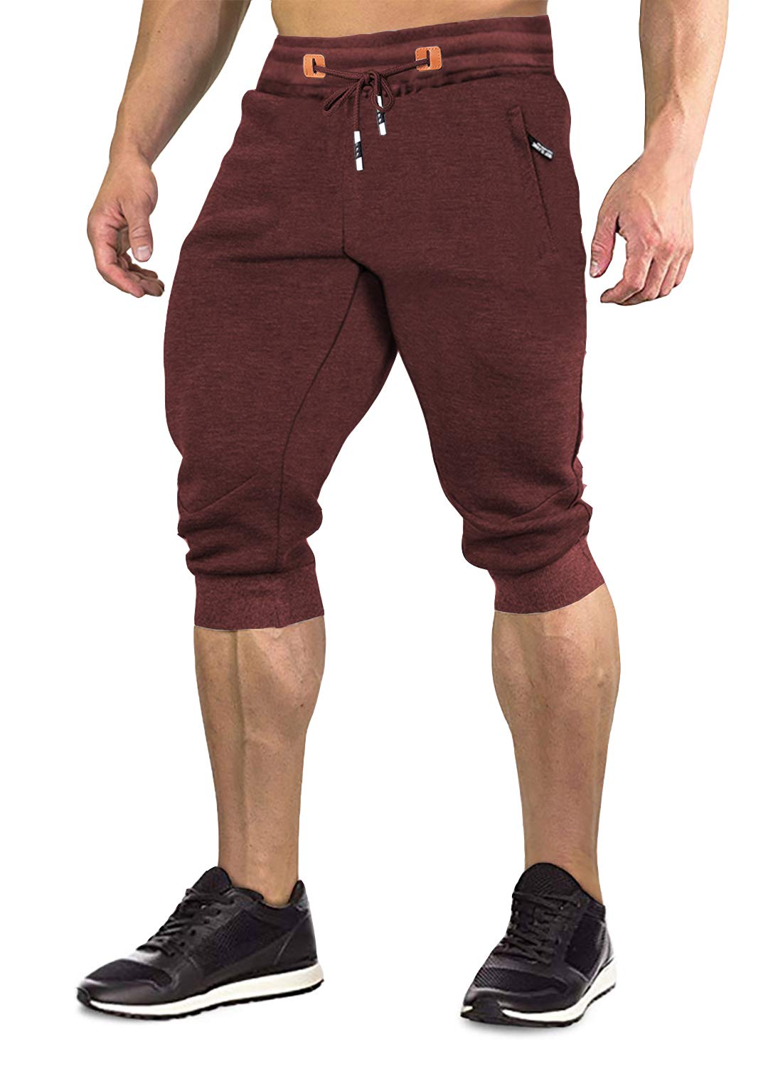 FASKUNOIE Men's 3/4 Joggers Elastic Cotton Capri Pants Below Knee Gym Short Pants with Zip Pockets