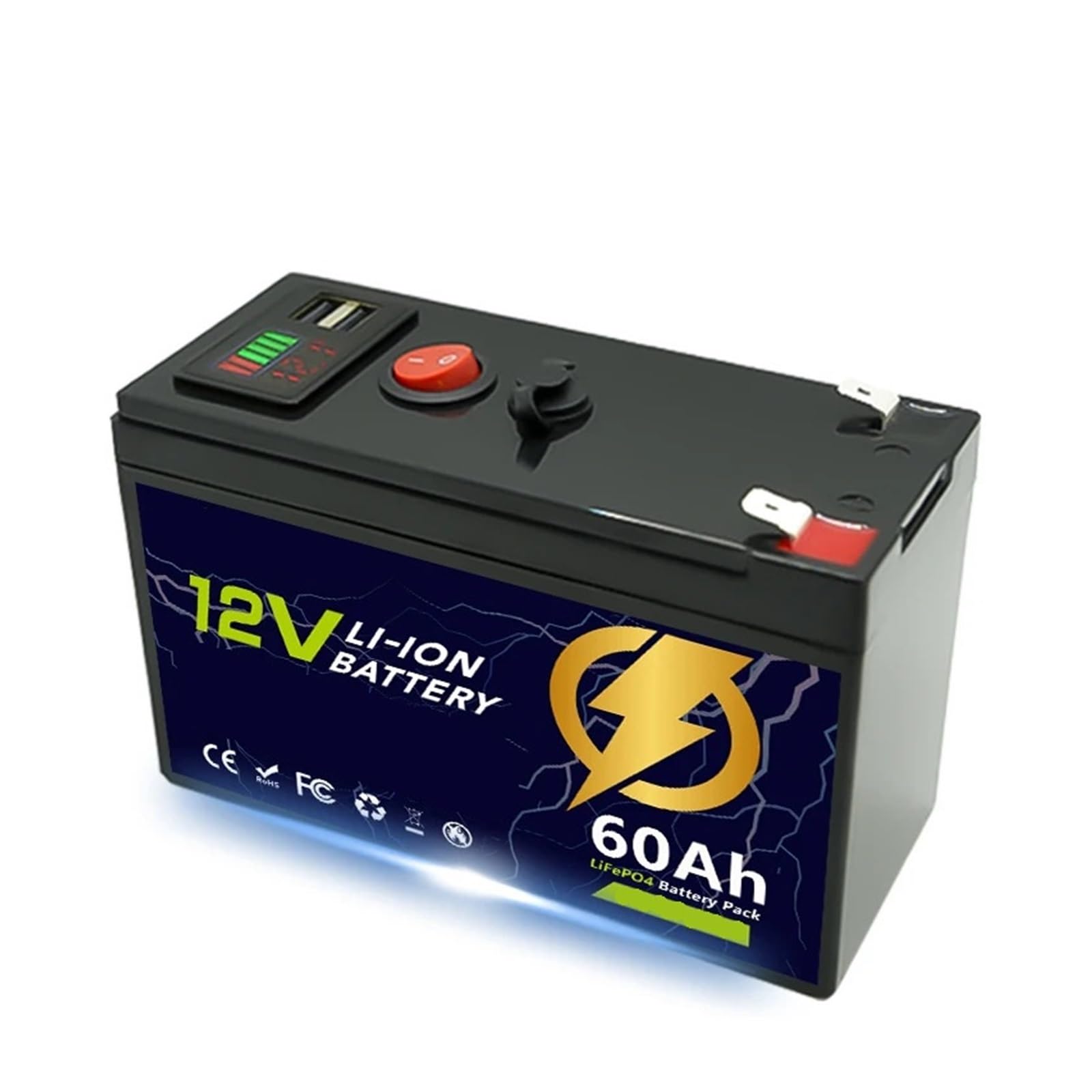 Batterie à décharge profonde Batterie au lithium LiFeP04 12 V 150 Ah for chargement solaire, détecteur de poissons, camping en plein air marin,(USB 60Ah x 1)