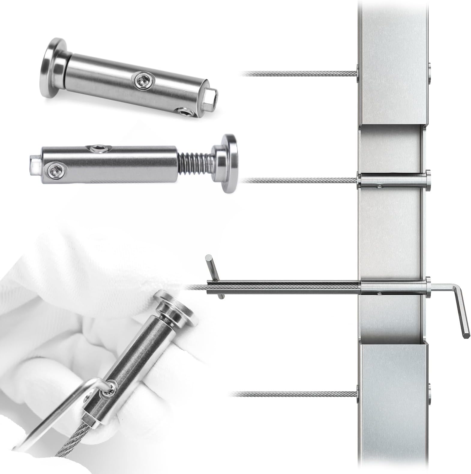 [Patent] Muzata 10 Pack 1/8" Swageless Invisible Cable Railing Kit Hardware Swageless Fittings Tensioner Hidden for 2"x2" Metal Post T316 Stainless Steel Deck Cable Railing System CB04
