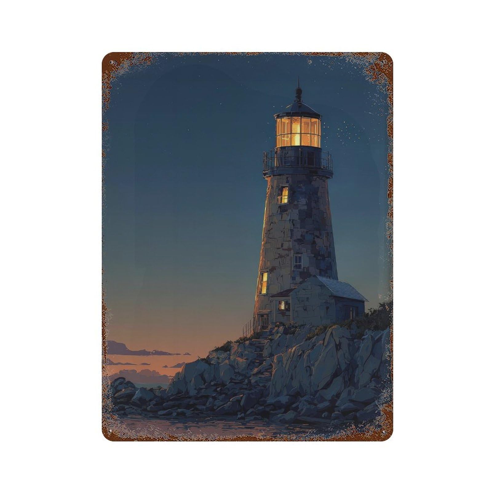 xiaoxiaoshen Lighthouse. Nighttime Coastal Serene Twilight Wall Decor Art Metal Tin Poster Modern Home Decor Art Home Bar Shop Decorations Vintage Sign 40x30cm