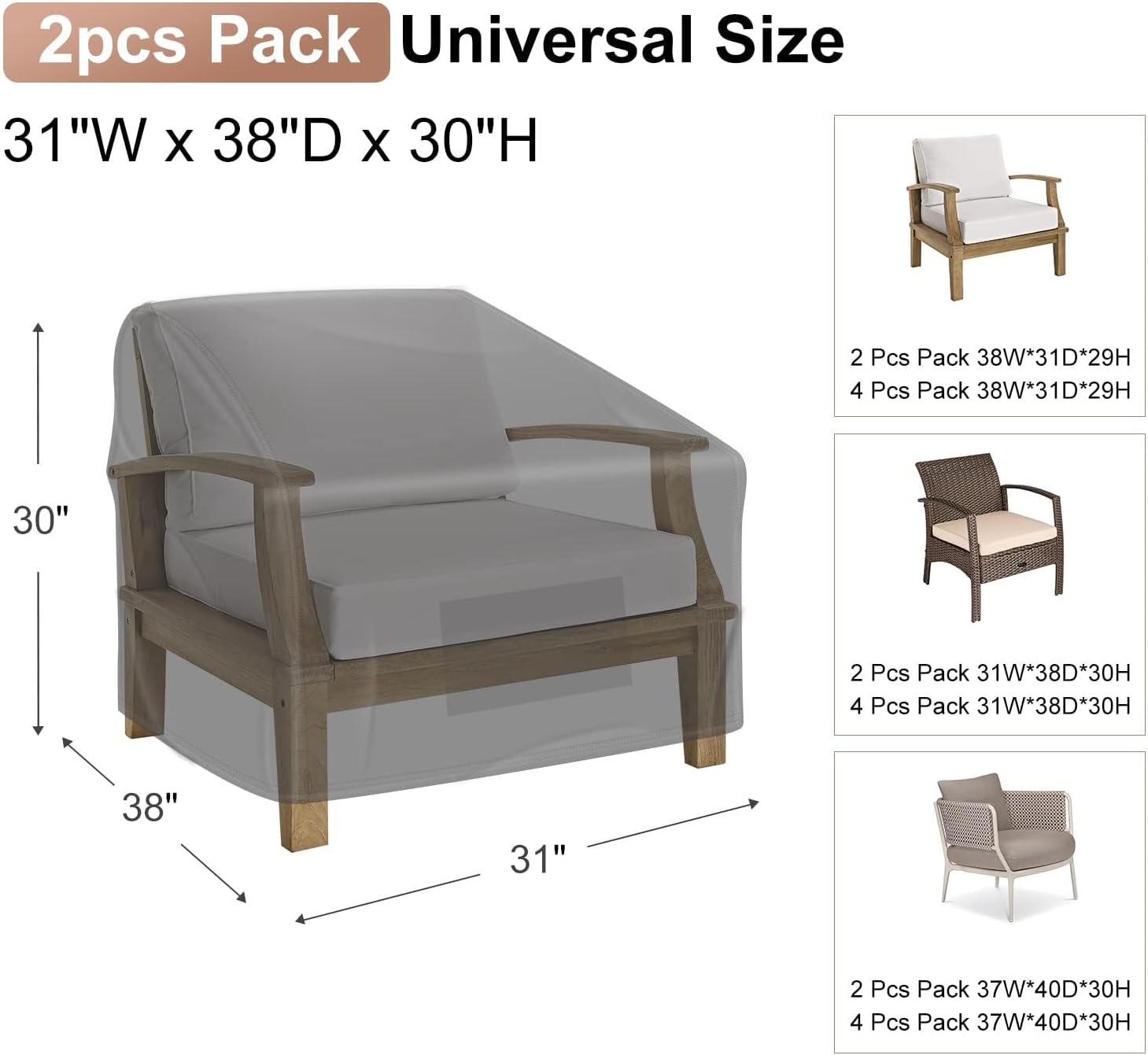 Mrrihand Patio Chair Covers Waterproof, Lounge Deep Seat Cover, Heavy Duty Outdoor Lawn Patio Furniture Covers (31" W x 38" D x 30" H - 2 Pack)