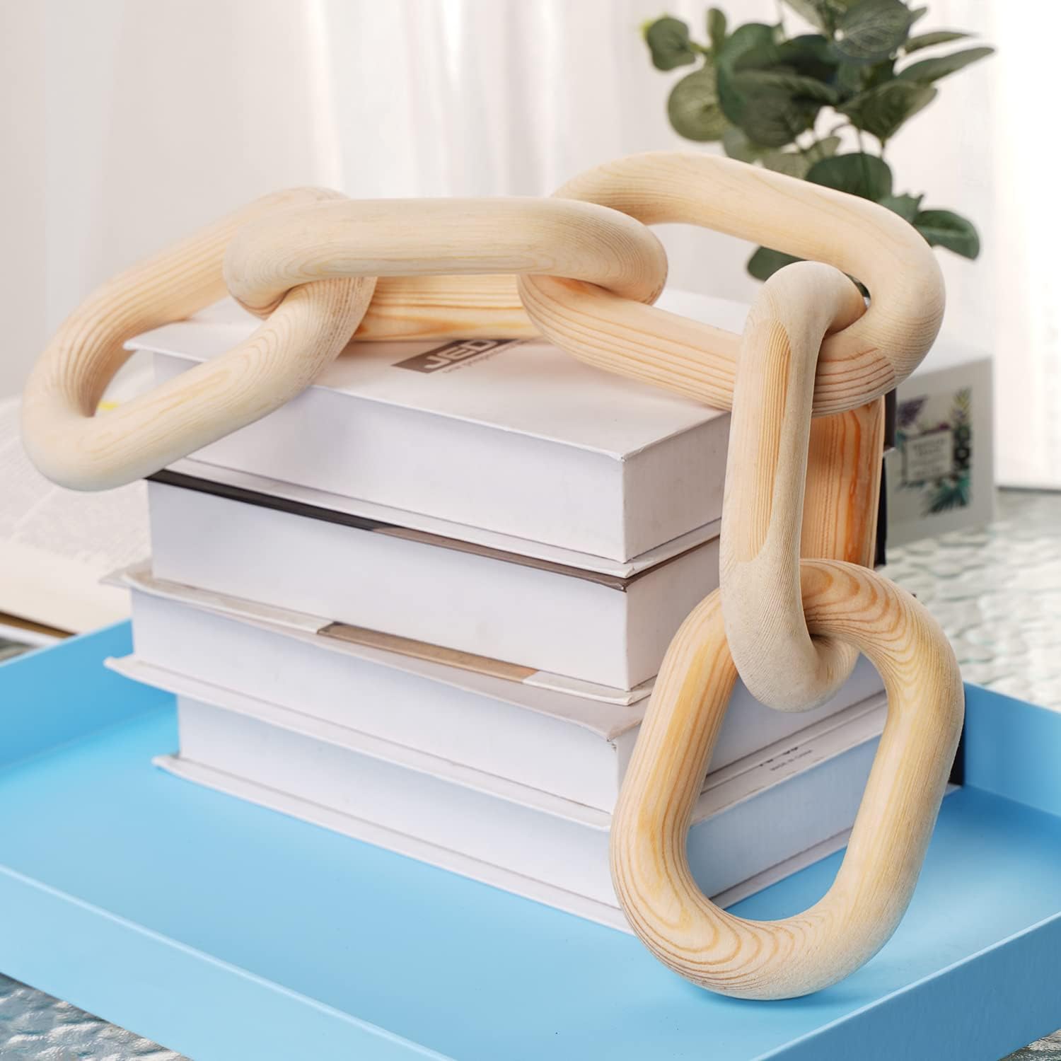 Decorative Wood Chain Link Modern Boho Home Farmhouse Decor, 5 Link Chain Decor Hand-Carved Wooden Aesthetic Crafts, Sustainable Pine Wood for Shelf, Living Room, Rustic Country