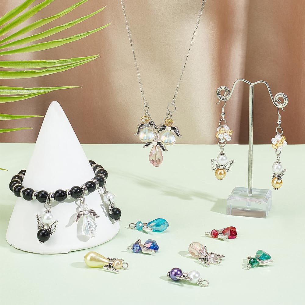 CHGCRAFT 60pcs 5 Style Angel Wing Charm Crystal Dangle Charms Pendants Pearl Beads Glass Drop Beads with Silver Alloy Bead Cap for Necklace Bracelet Earring Keychain DIY Craft Jewelry Making - Image 6