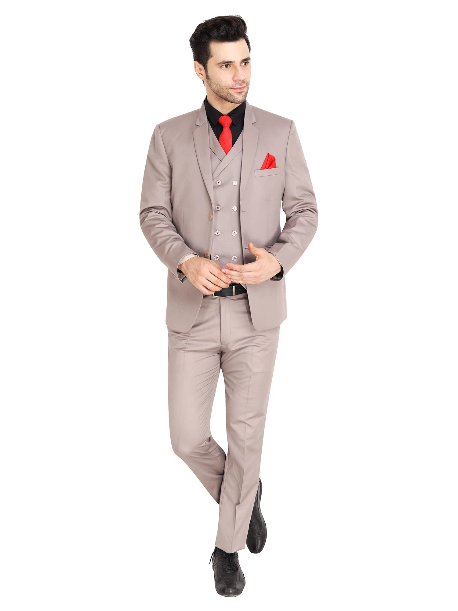VYOM Enterprise Men's Slim Fit Tuxedo 3 Pieces Suit Set Notch Lapel Suit with Double Breasted Waistcoat Crocodile (34,Graceful Grey)-picture-35
