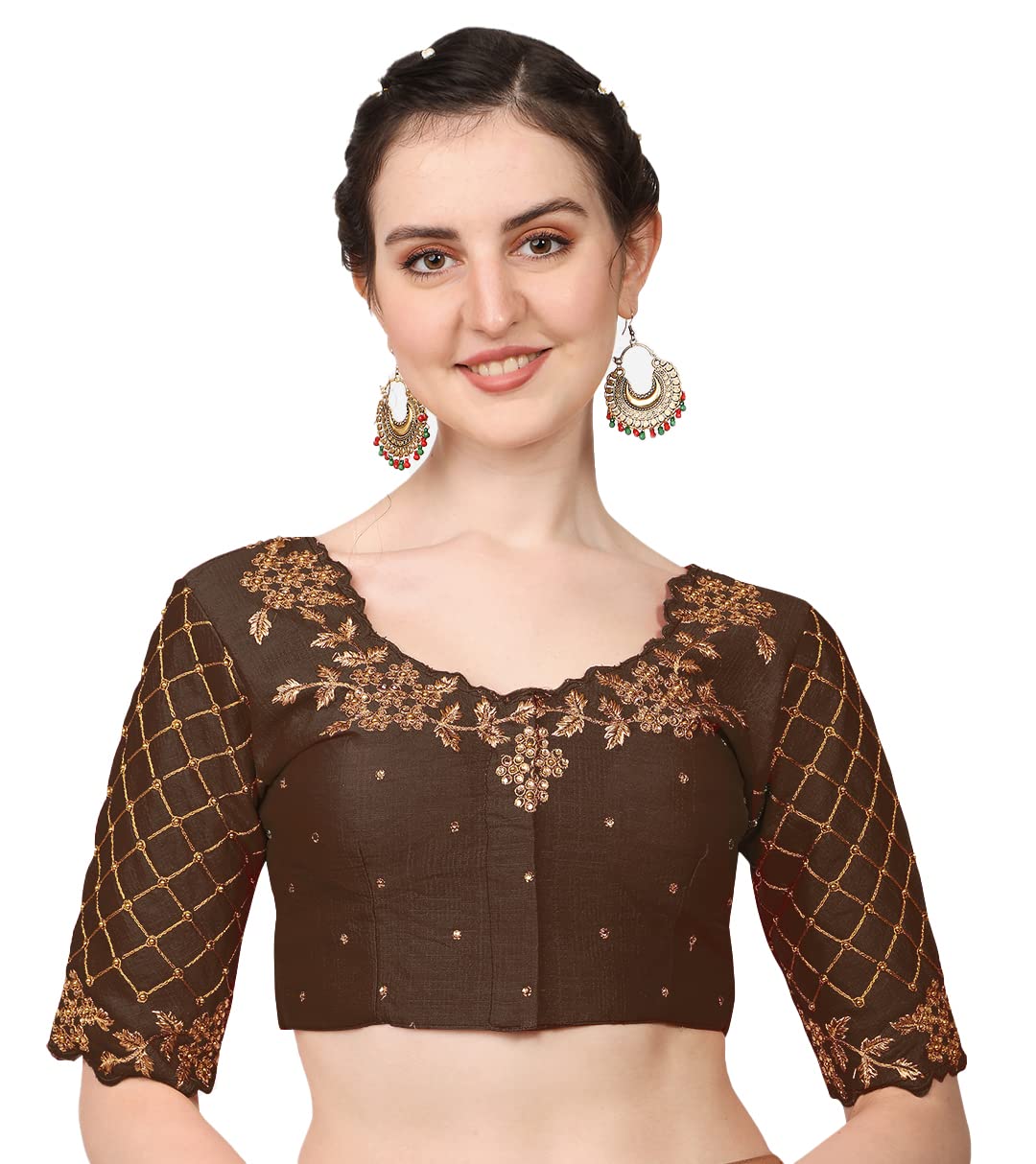 Pujia Mills Women's Embroidery Handwork, Rough Cut Work Stone Work Readymade Blouse (32, Brown)