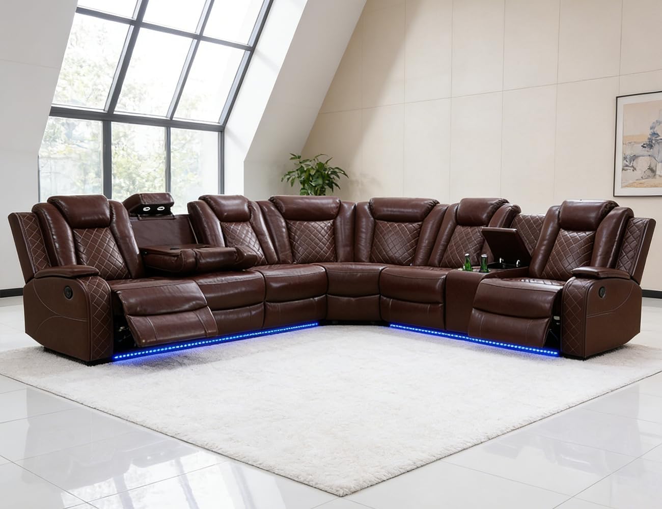 Power Recliner Sectional Sofa Set with LED, Luxury L-Shaped