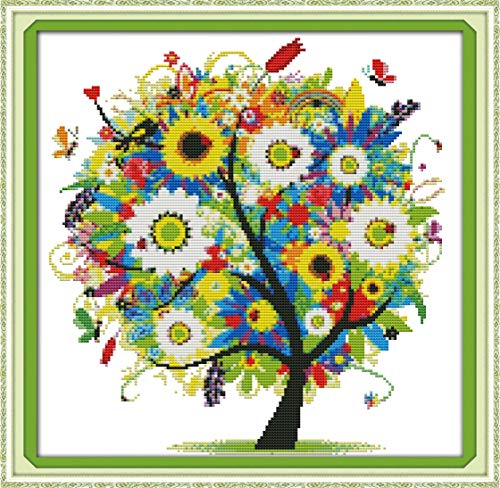 ITSTITCH Printed Cross Stitch Kits 14CT 14X14 inch Holiday Gift DIY Embroidery Starter Kits Easy Patterns Embroidery for Girls Crafts DMC Stamped Cross-Stitch Supplies Needlework Happy Tree