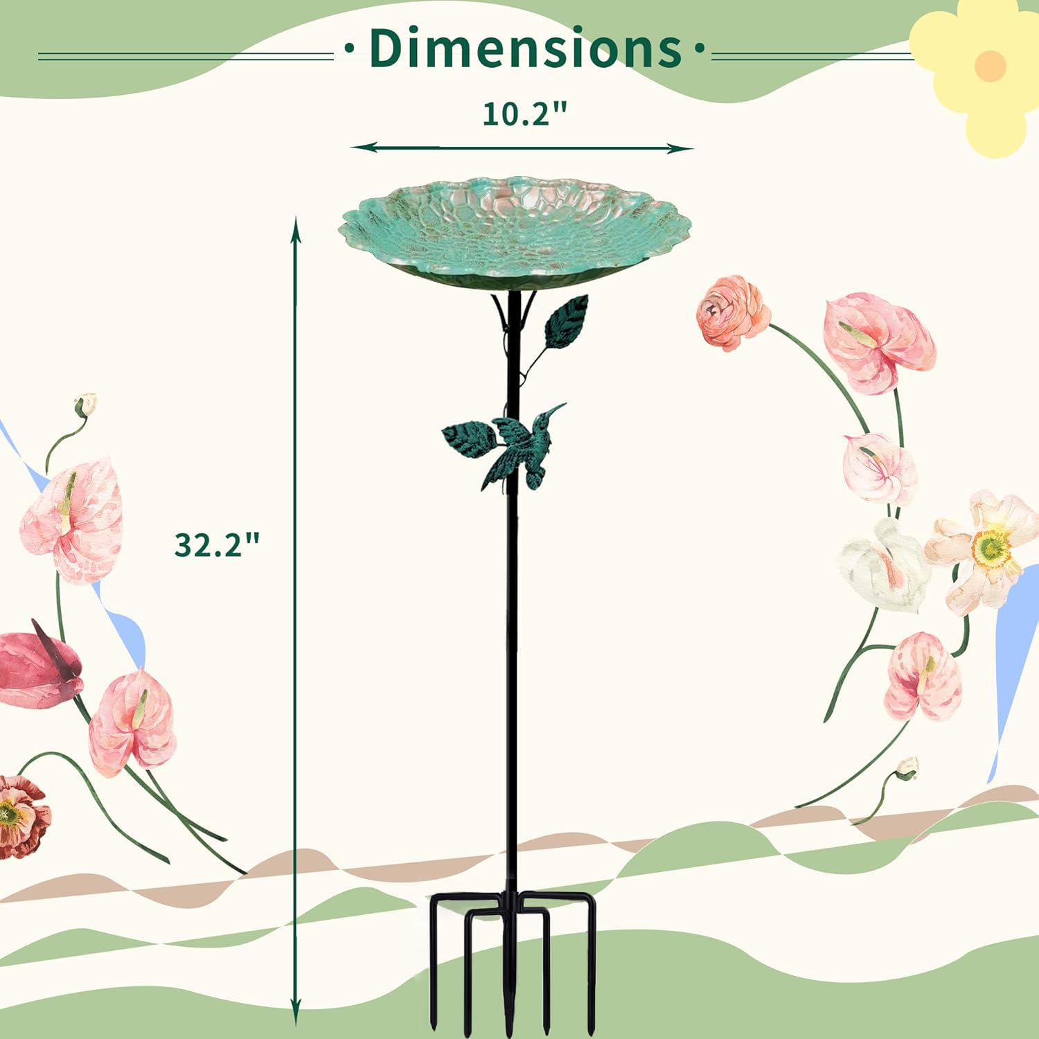 32In Bird Bath for Garden, Vintage Bird Hummingbird Baths Feeder Bowl, Freestanding Birdbaths and Supports with 5 Prongs Base Stake for Outdoors Garden Patio Yard Lawn Decor Birds Supplies — view 2