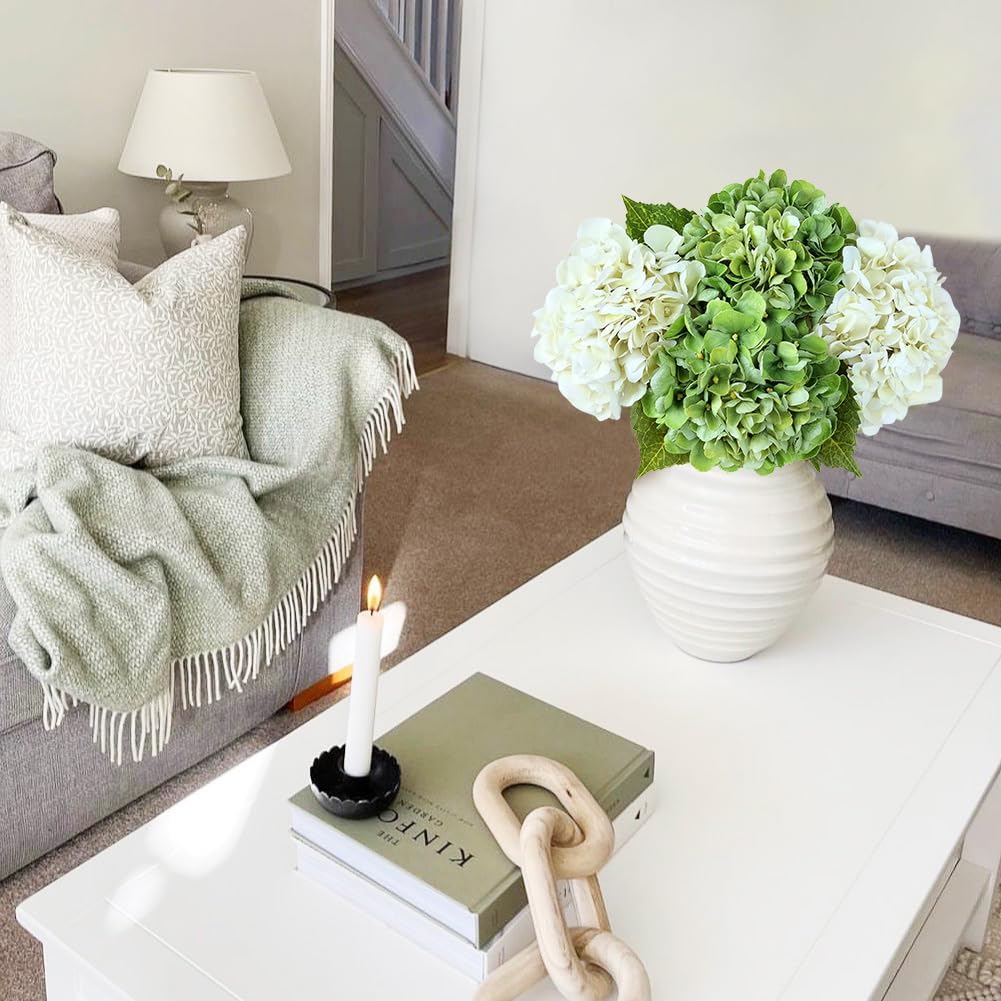 2Green+2White Real Touch Vintage Artificial Hydrangeas, 21" Faux Hydrangea Flowers for Wedding Bouquet Decoration,Fake Hydrangea Silk Flowers for Christmas Centerpieces Tables Party Home - Image 2