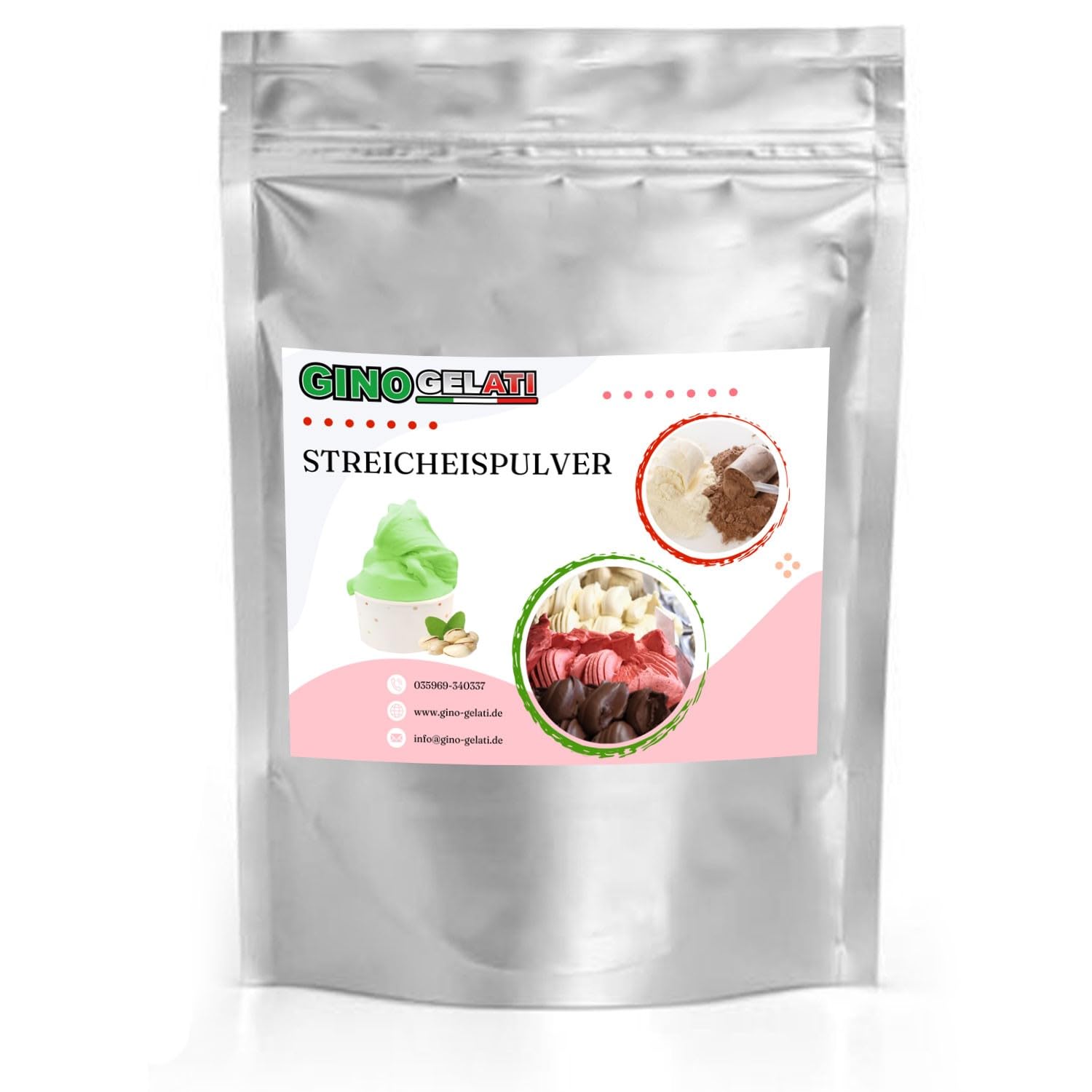 Gino Gelati Pistazie Streicheis Pulver 100 Kg mit Nussgeschmack, verschiedene Varianten, schnelle und einfache Zubereitung, Herstellung auch ohne Eismaschine, Made in Germany